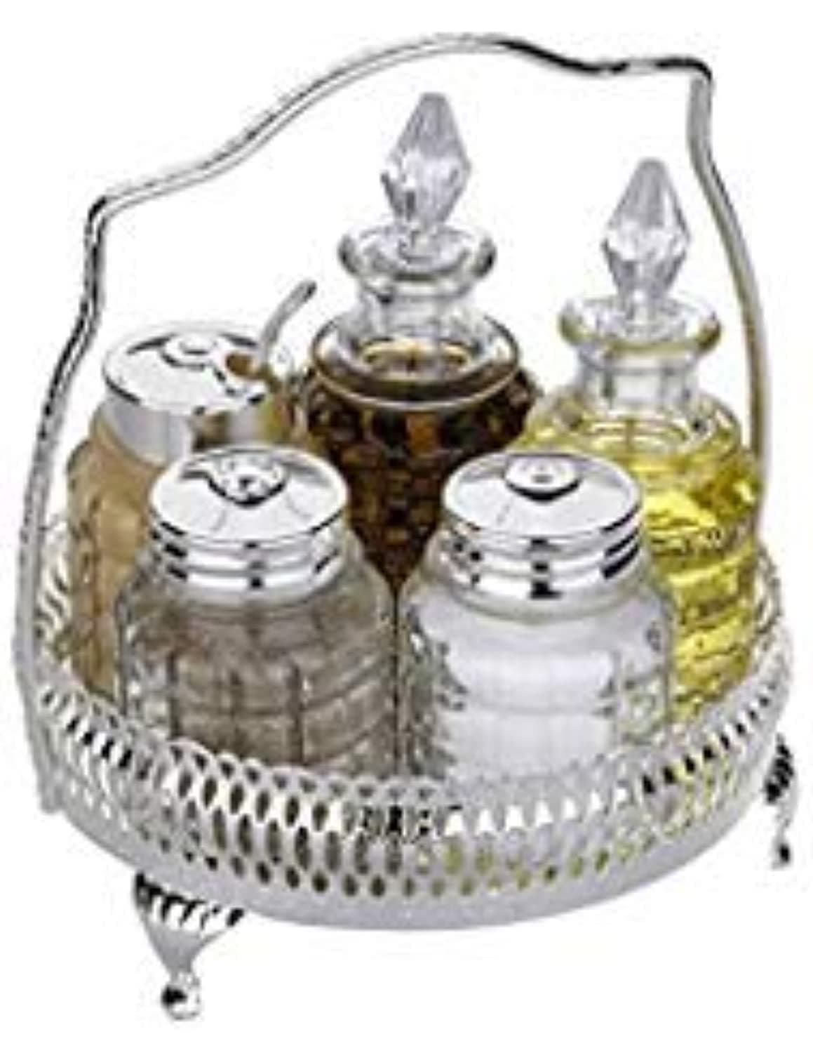 Amanda Tableware Cruet Set British with Special Finish That Never Needs Silver Polishing Includes Salt Pepper Mustard Oil Vinegar