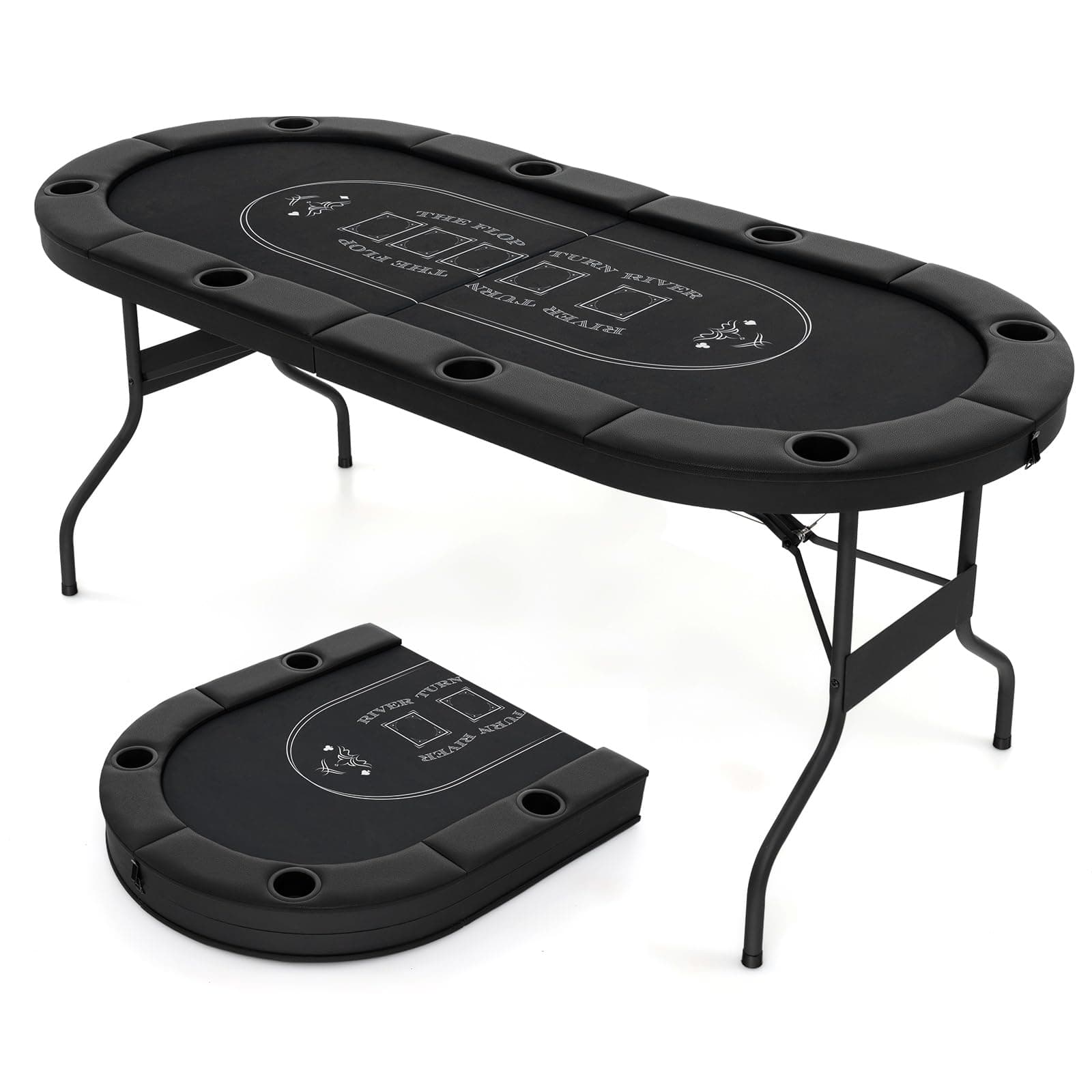 Giantex 8 Player Poker Table Foldable, 72" Portable Folding Texas Holdem Poker Tables w/Padded Rails, Cup Holders, Casino Grade Felt Surface, Oval Card Game Poker Table for Game Room (Black)
