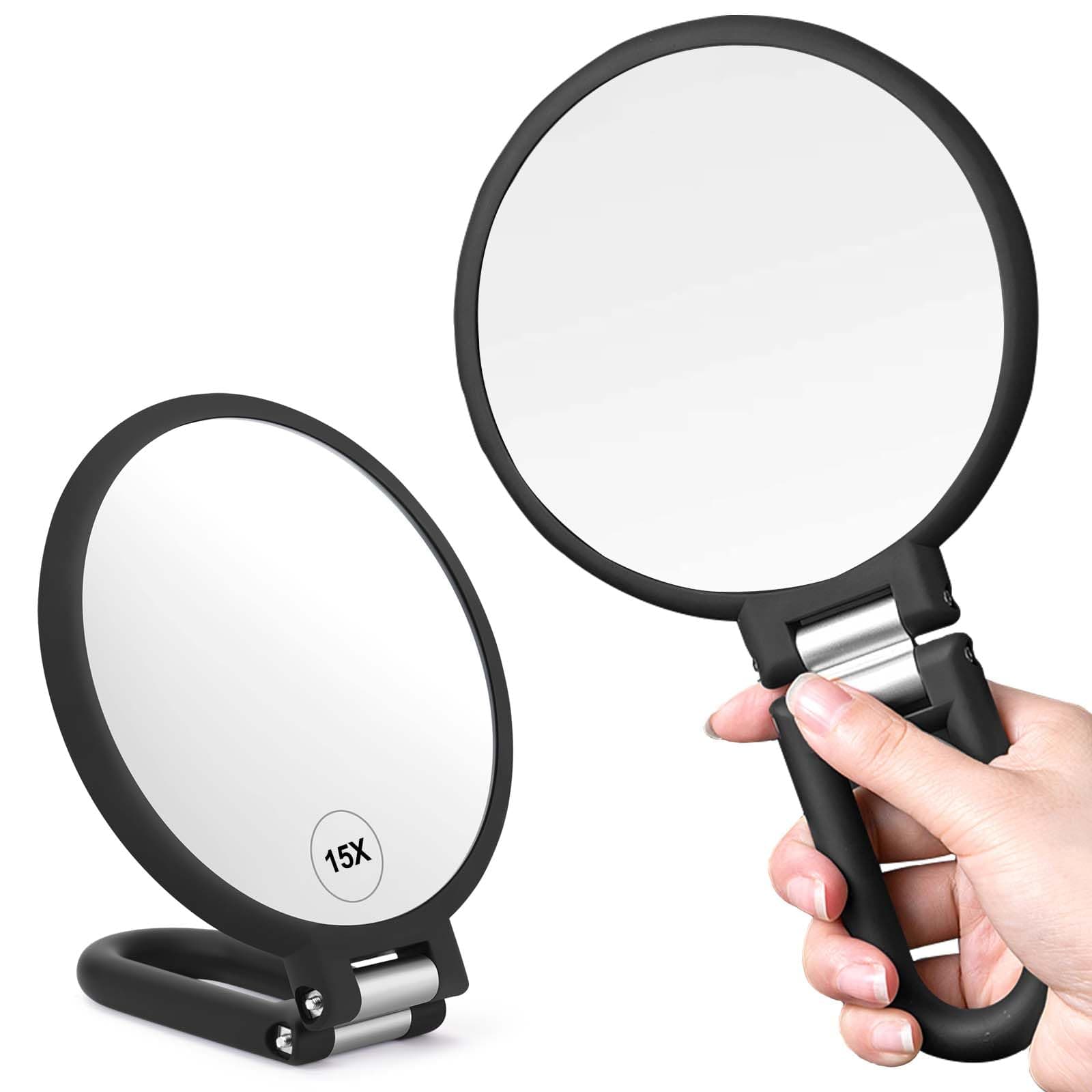 – Magnifying Handheld Mirror Double Sided, 1X 15X Magnification Hand Mirrors, Travel Folding Hand Held Mirror, 360°Rotation Pedestal Makeup Vanity Mirror