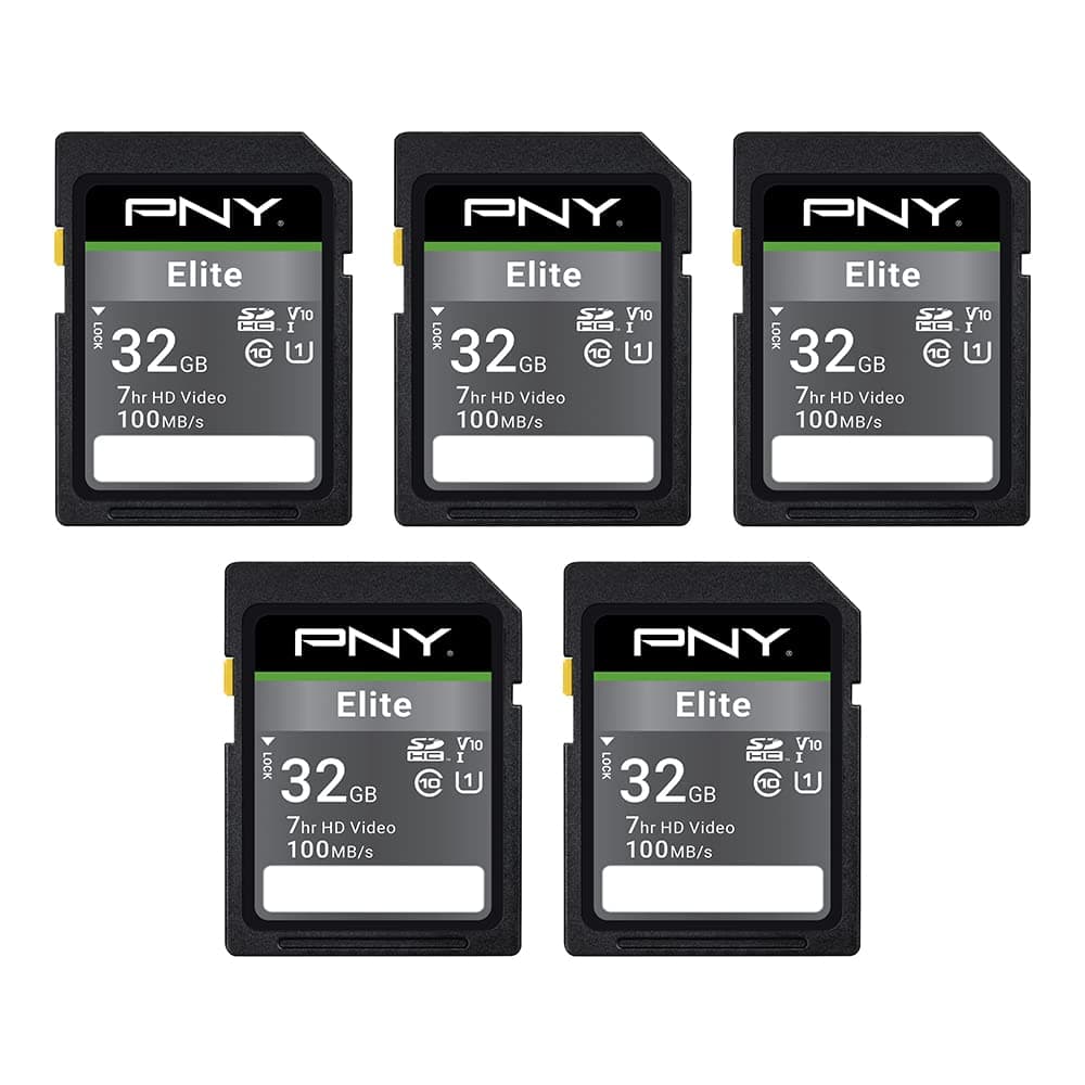 PNY 32GB Elite Class 10 U1 V10 SDHC Flash Memory Card - 100MB/s Read, Class 10, U1 Full HD, UHS-I, Full Size SD (Pack of 5)