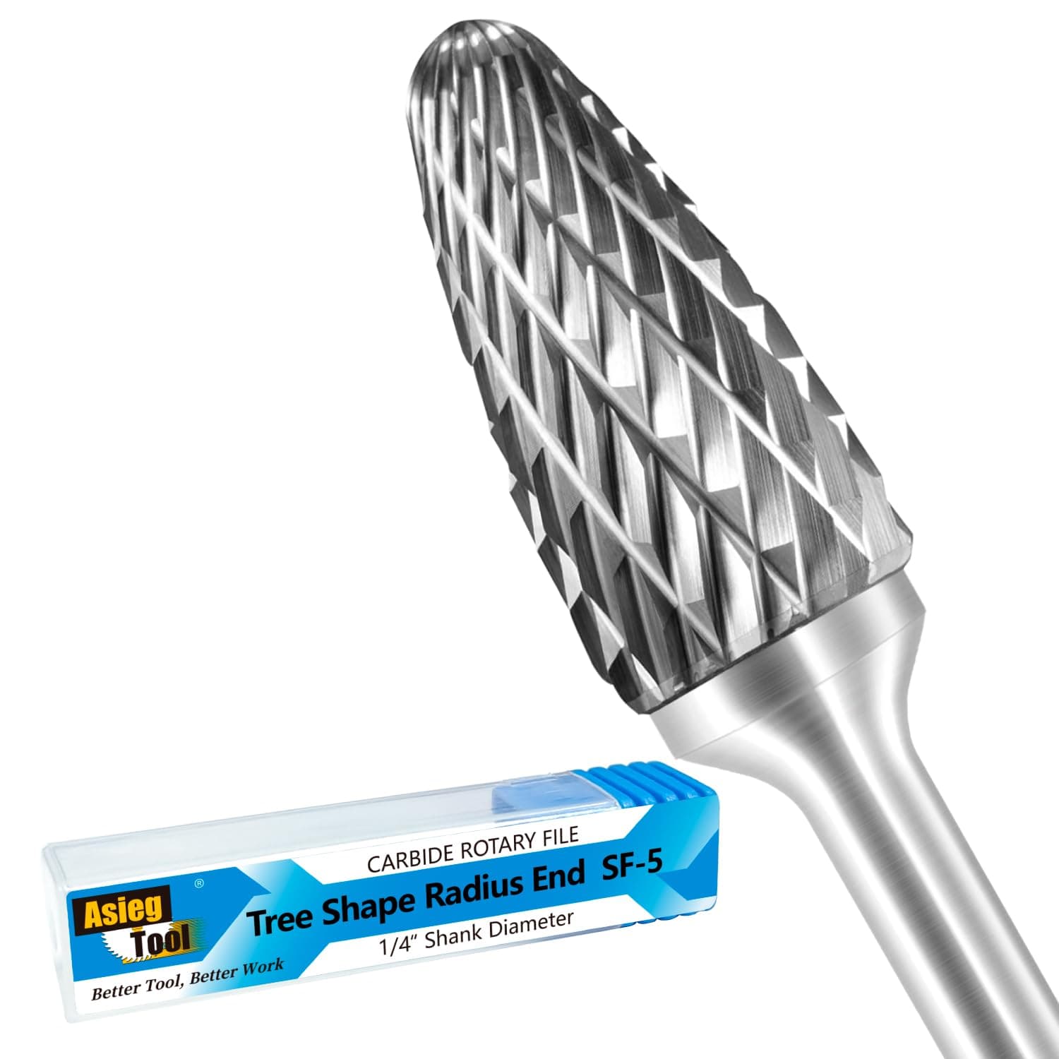 SF-5 Tungsten Carbide Burr Rotary File Tree Shape Radius End Shape Double Cut for Die Grinder Drill Bits 1/4'' Inch Diameter of Shank and 1/2'' Diameter of Cutter 1'' Inch Cutter Length