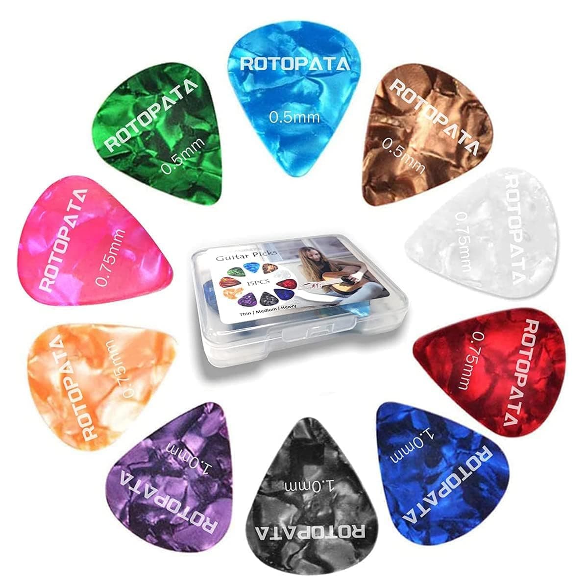 15 Pack Guitar Picks Plectrums with Organizer Storage Box, 0.5 0.75 1.0 mm Includes Thin Medium Heavy Thickness & Variety Colorful Celluloid Plectrums for Bass Electric Acoustic Guitars Ukulele