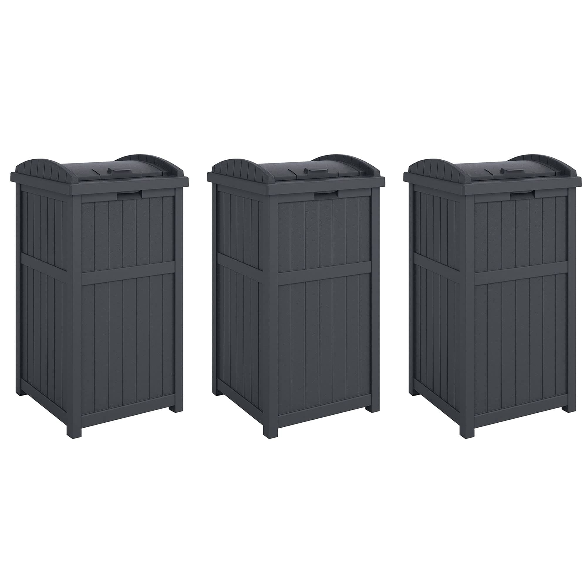 Suncast 3 Pack Trash Hideaway Refuse Container, Stylish Resin Outdoor Garbage Bin with Latching Lid, 30 to 33 Gallon Capacity, Cyberspace