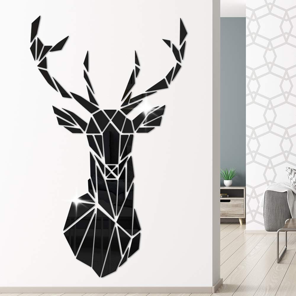 3D Mirror Deer Wall Stickers Murals Art Home Decor Self Adhesive Bedroom Living Room Sofa Decorative Wall Decals (L, Black)