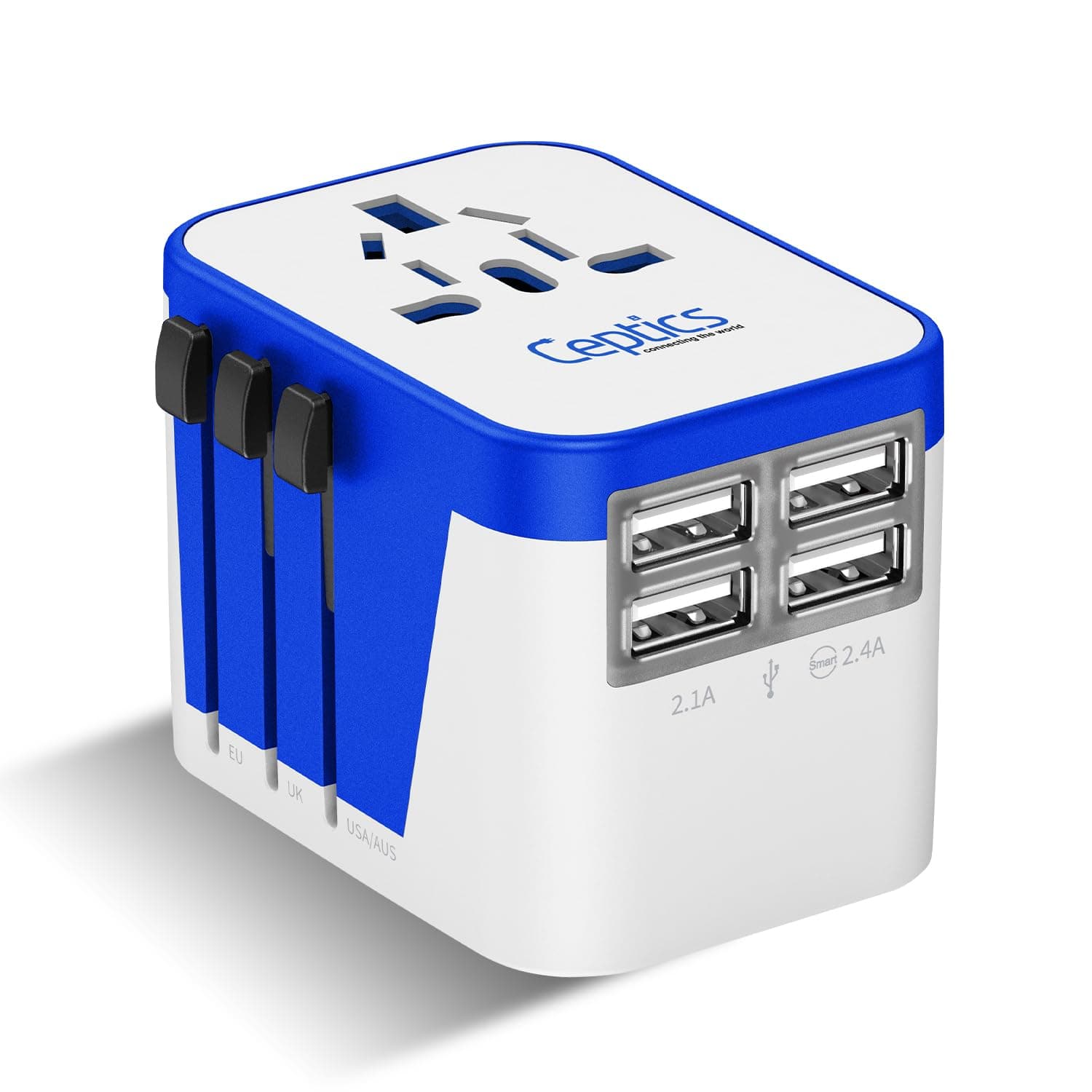 Ceptics Universal Travel Adapter Plug World Power W/ 4 USB Ports - Charge Cell Phones, Smart Watches, iPhones - For International Europe, China, UK, UAE, Australia - Type A, C, G, I