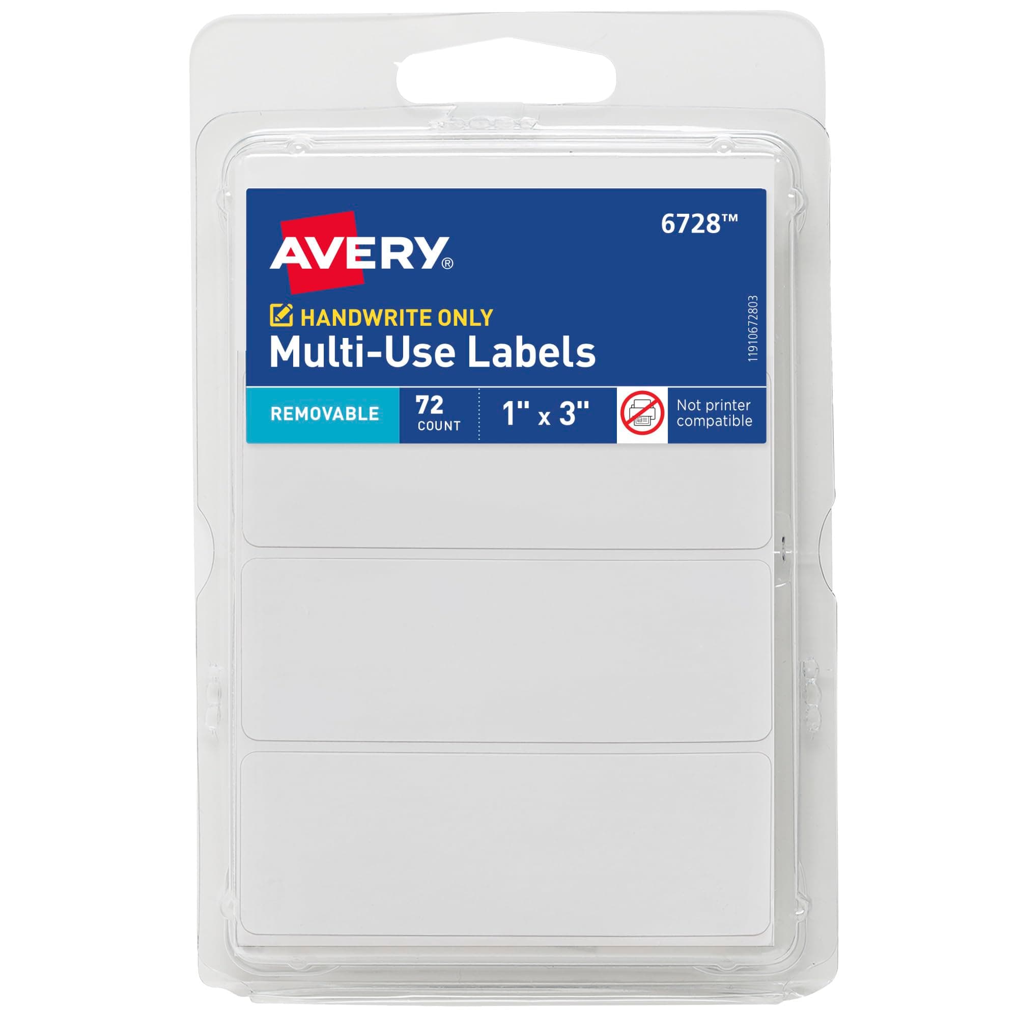Avery Multi-Use Removable Labels, 1" x 3" Rectangle Labels, White, Non-Printable, 72 Total (6728)