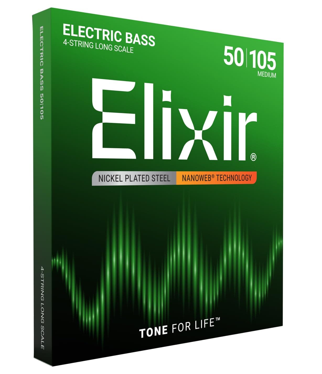 Elixir Strings, Electric Bass Guitar Strings, Nickel Plated Steel with NANOWEB Technology, Longest-Lasting Warm Tone with Comfortable Feel, 4-String Set, Long Scale, Medium 50-105