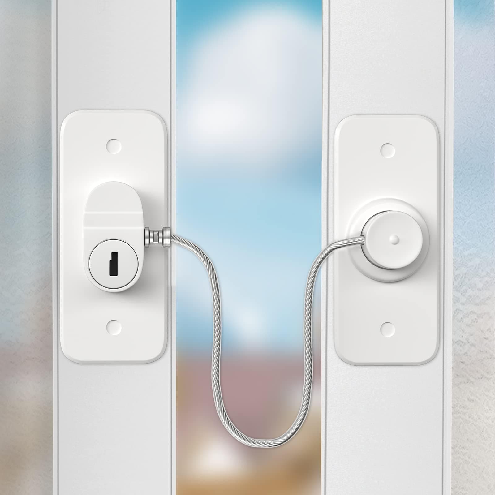Window Safety Lock - Self-Adhesive, No Drilling Required, Versatile Restrictor for UPVC Windows, Keyed Refrigerator Lock, Child and Pet Safety Cable Lock, Durable and Childproof (White)