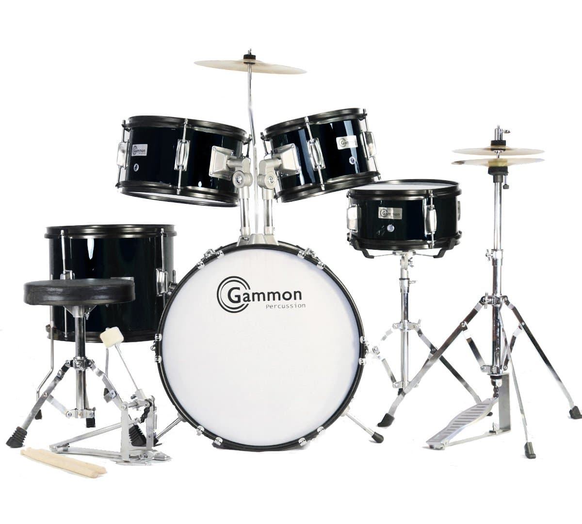 Complete 5-Piece Black Junior Drum Set with Cymbals Stands Sticks Hardware & Stool for Kids Children