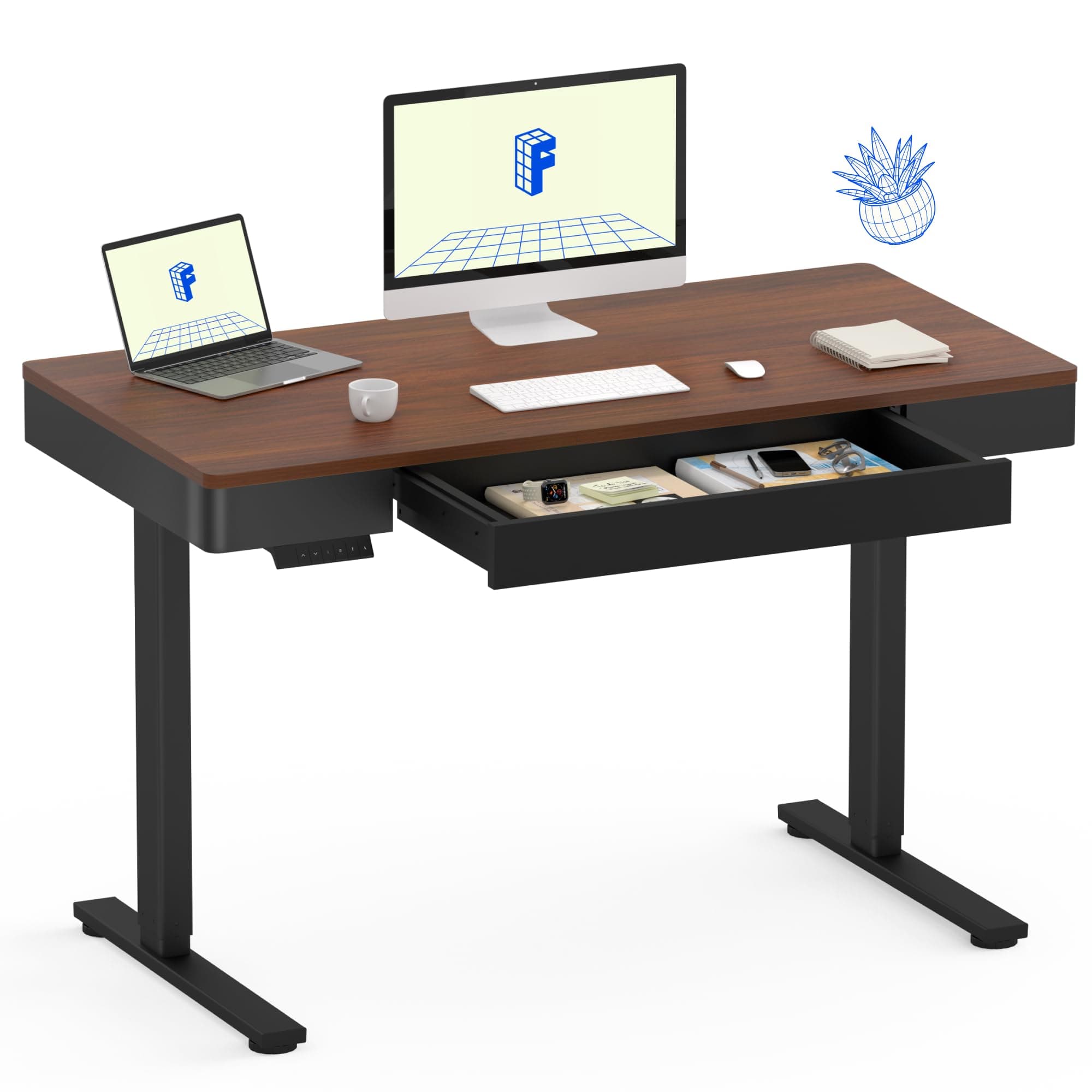 FLEXISPOT 55 x 24 Inch with Double Drawers Q5 Standing Desk, Electric Adjustable Height Stand Up Desk with 4 Preset Heights Whole Piece Wooden Desktop for Home, Office, Workstation, Brown