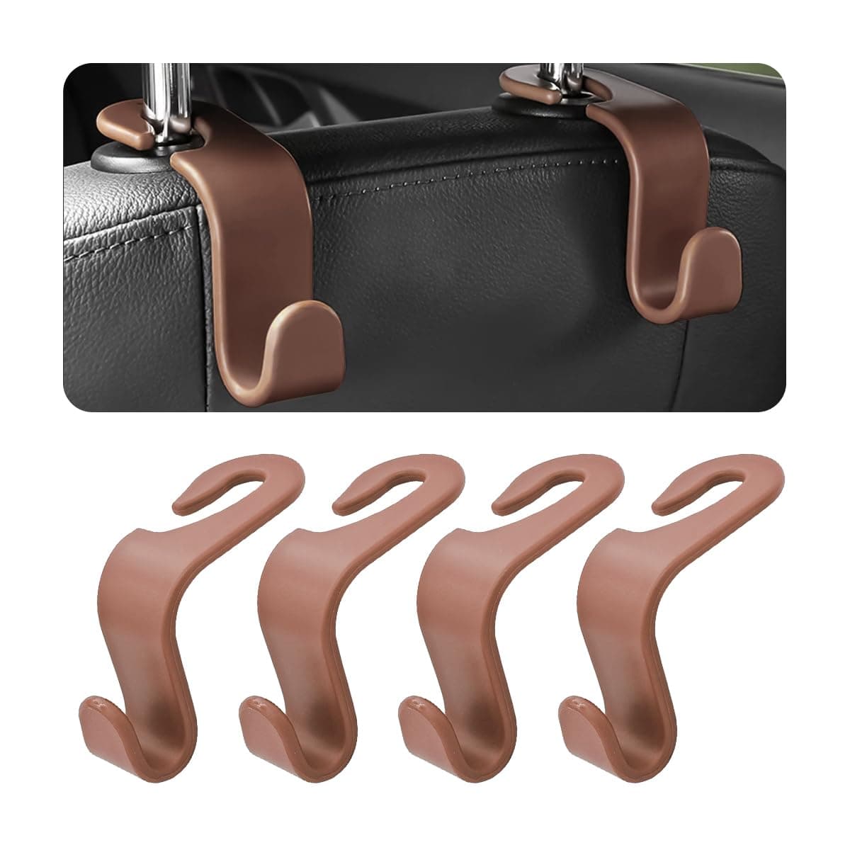 Hanemia 4PCS Car Back Seat Headrest Hooks, Rear Car Seat Storage Headrest Hanger Holder Hooks Organizer, Universal Auto Interior Accessories for Bag Purse Handbag Cloth Coats Grocery (Brown)