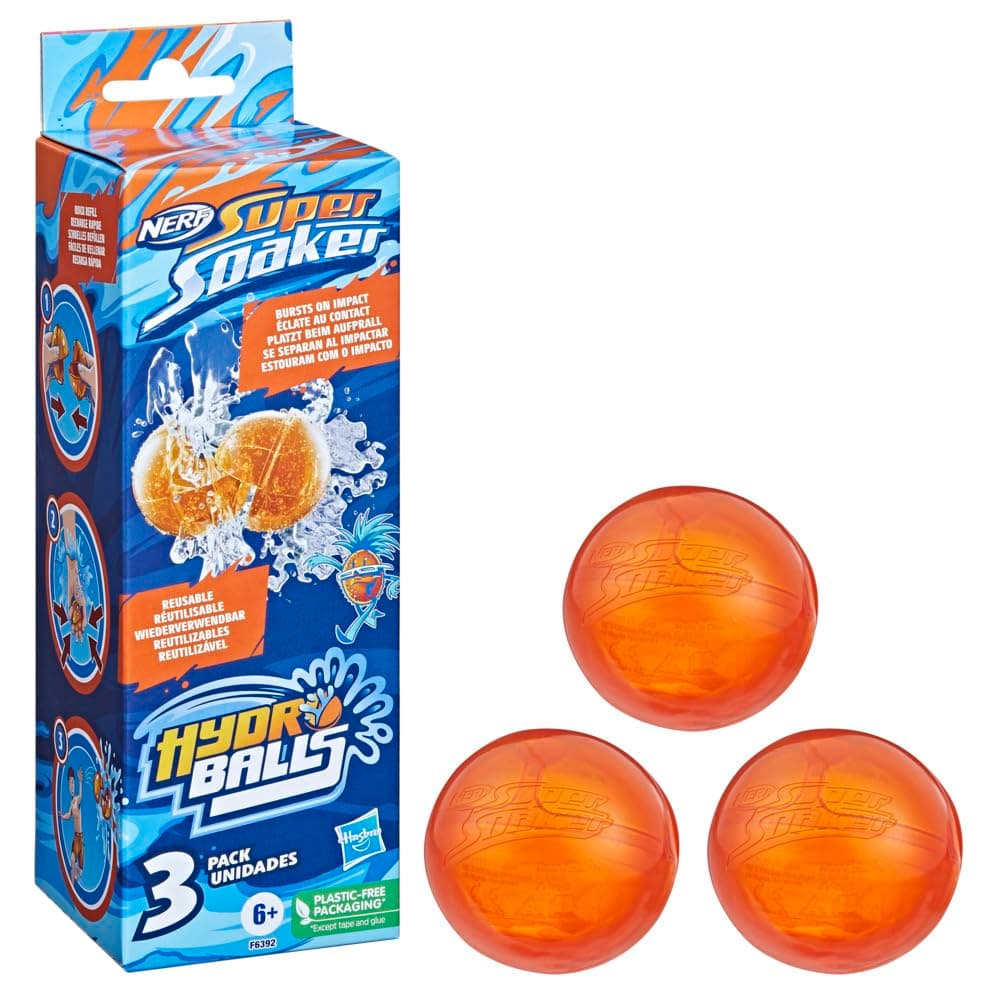 Nerf Super Soaker Hydro Balls 3-Pack, Reusable Water-Filled Balls Burst on Impact, Fast Refill, Outdoor Water Toy for 6 Year Old Kids