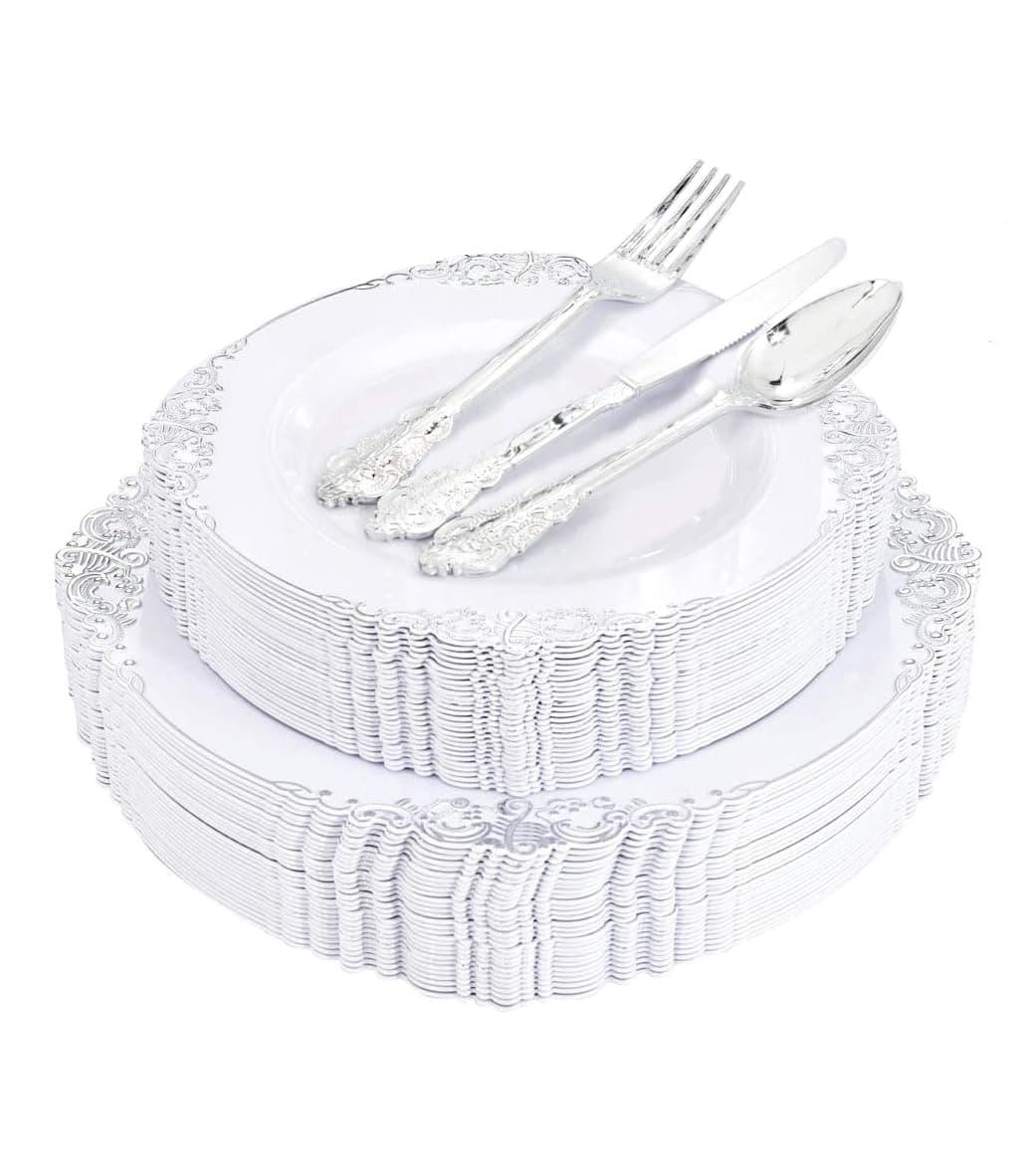 150PCS Silver Plastic Plates with Silver Plastic Cutlery