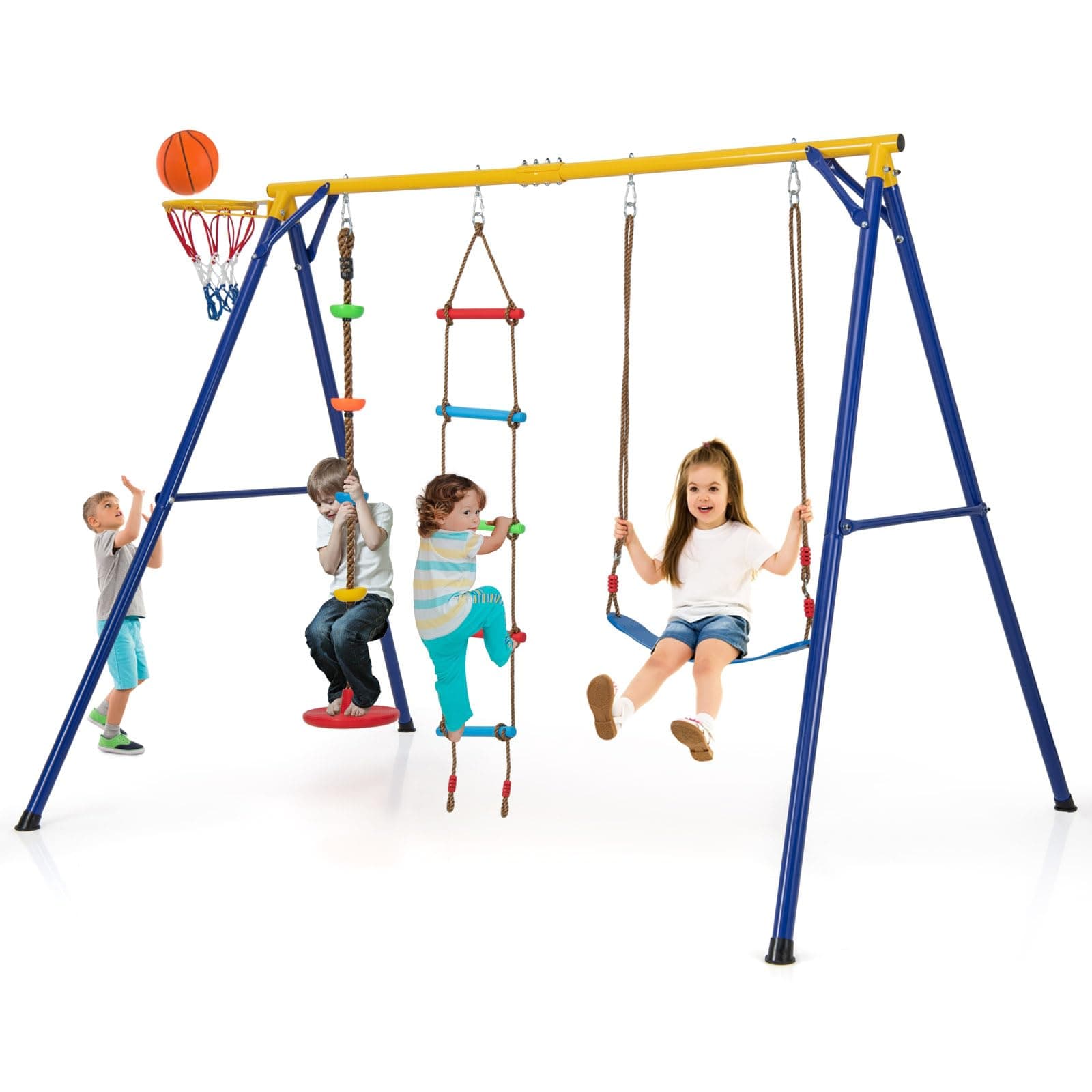GYMAX 4 in 1 Kids Swing Set, Metal A-Frame with Belt Swing, Climbing Ladder, Disc with Rope, Basketball Hoop & Ground Stakes, Outdoor Children Playground Set for 3-9 Years Old, Max Weight 300kg