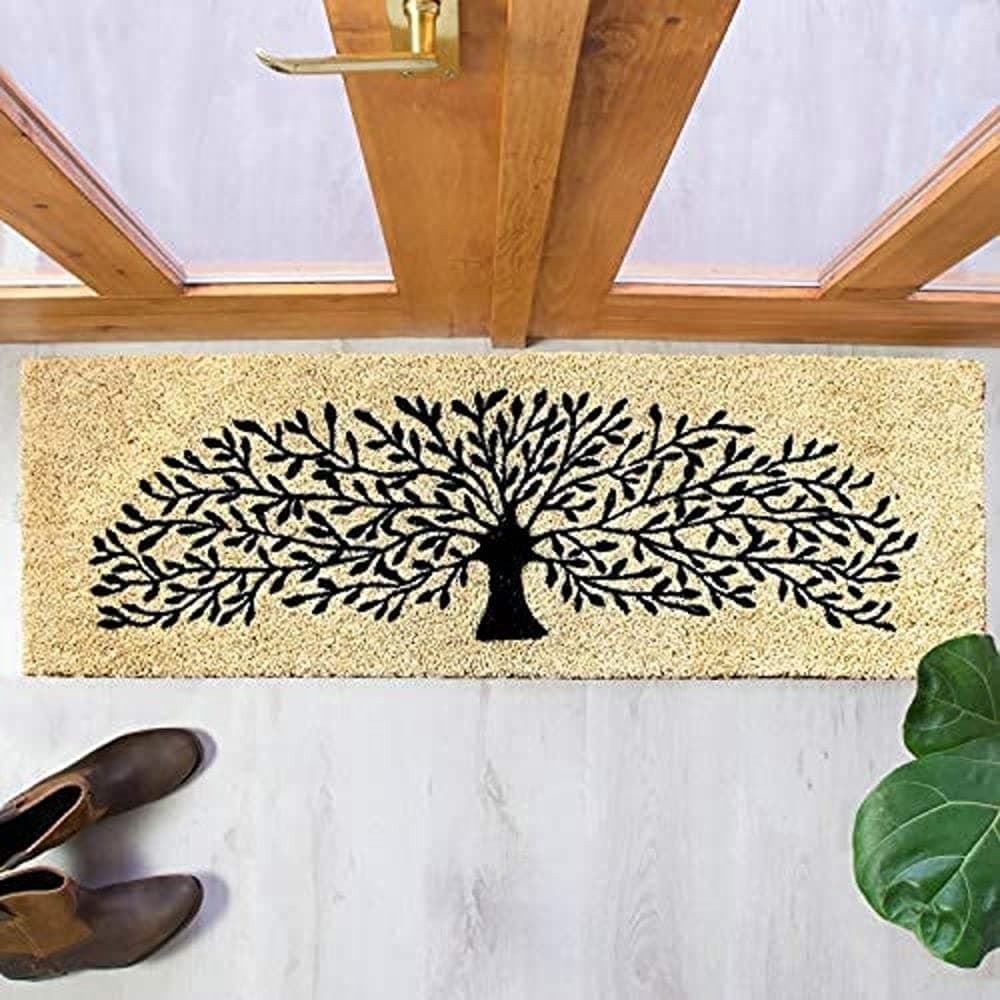 Onlymat Natural Coco Coir Ivory and Black Tree Printed Anti-Slip Doormat Long-Lasting, Heavy Duty, Large & Thick Entryway Rug with PVC Backing for Indoor, Outdoor, Patio (120 X 40 X 1.5Cm, 50 GSM)