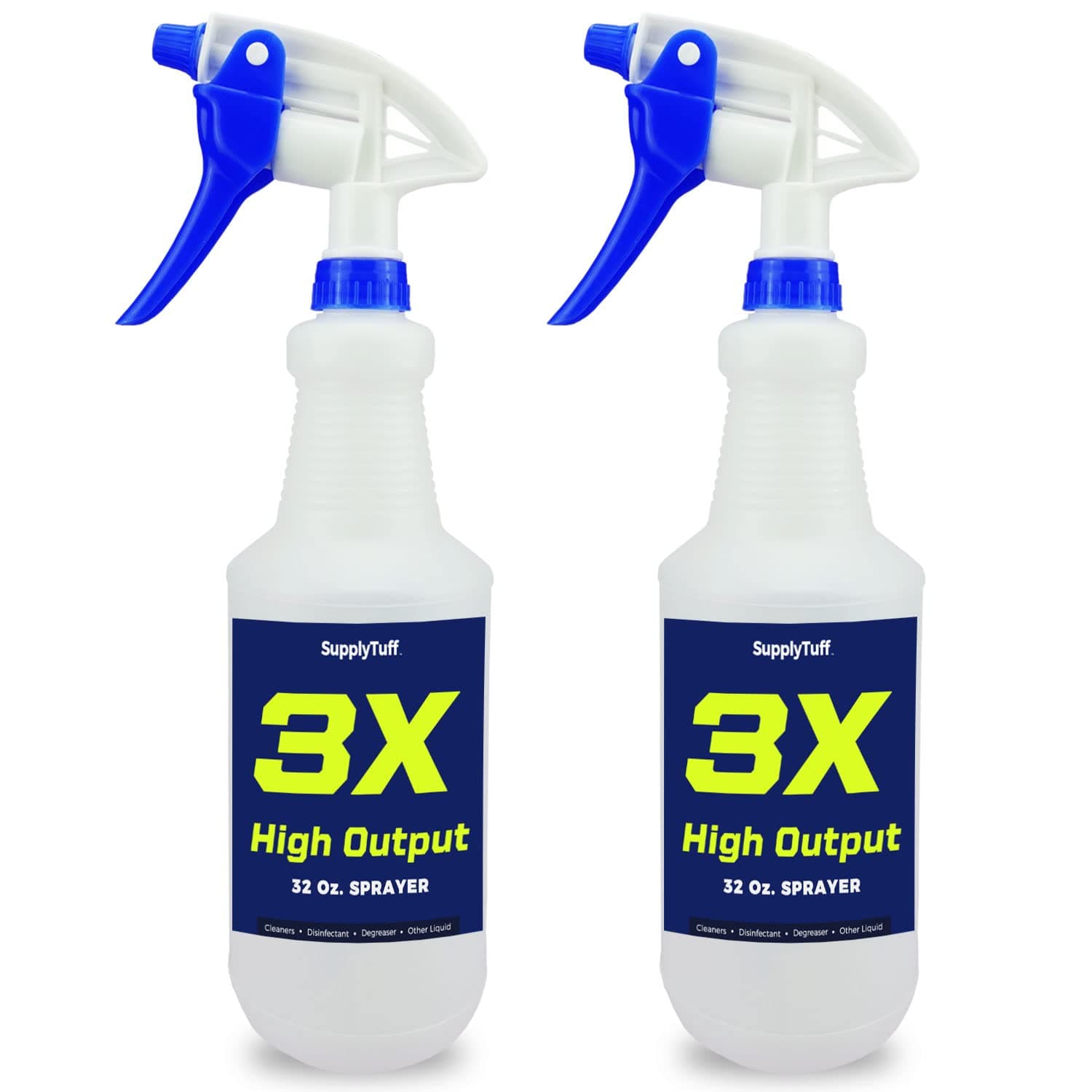 3X High Output Heavy Duty Spray Bottles for Cleaning Solutions, 2 Pack, 32 oz Commercial, Industrial Spray Bottles for Household Cleaning and Car Detailing.