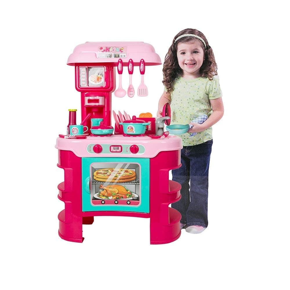 Popsugar - TH008-908 Luxury Kitchen Set with Griller, Toaster, Lighting Stove and Accessories for Kids, Pink
