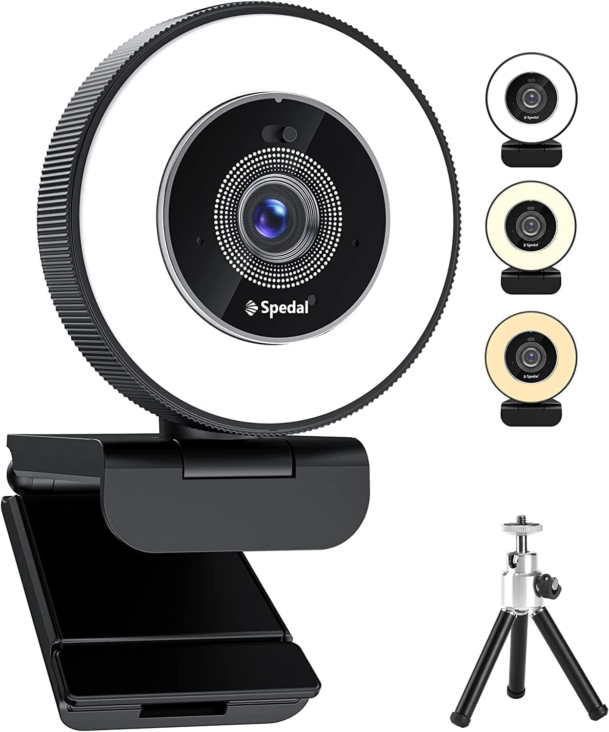 Spedal 4K Webcam with Ring Light, Built-in Privacy Cover and Dual Microphone, Fast AutoFocus, Adjustable Brightness, USB Streaming Web Camera with Tripod, for Zoom Twitch Teams YouTube Skype Meeting