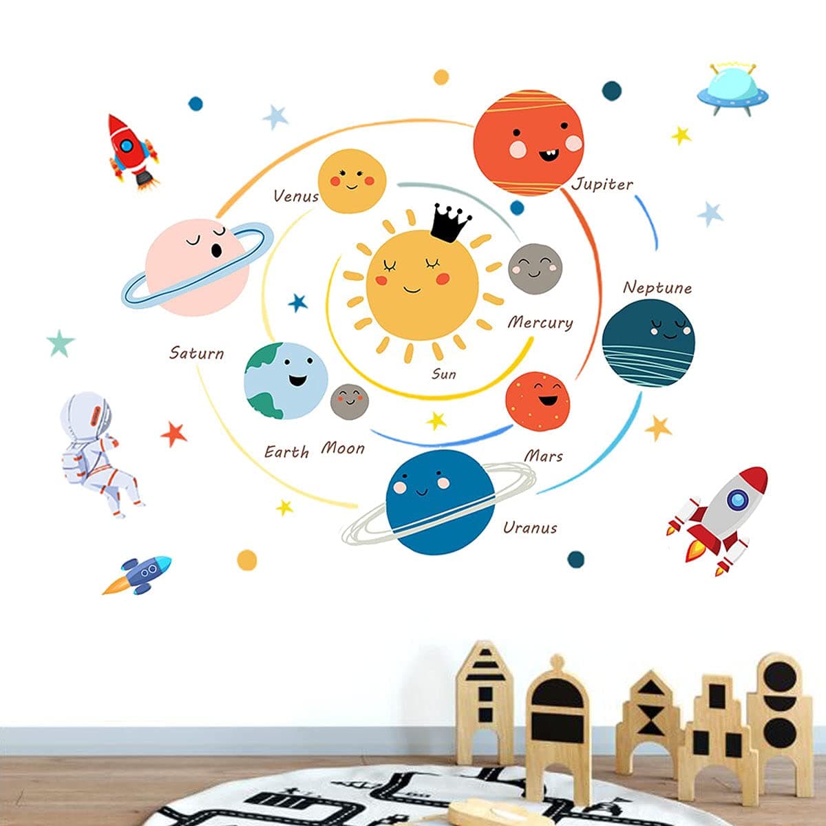 Space Planet Wall Decal Wall Sticker Cute Educational Wall Stickers for Kids, Nursery, Playroom, Baby Room, Classroom, School