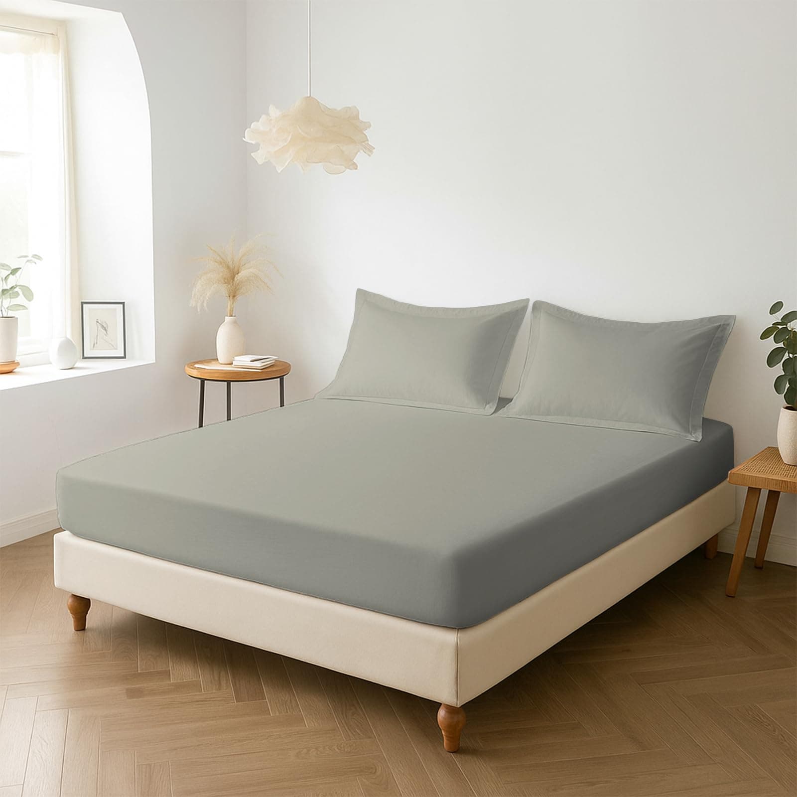 Pizuna Percale Fitted Sheet King Size 150x200 cm with 2 Pillowcases, Silver, 100% Long Staple Cotton, Crisp Percale Weave, 40 cm Deep Fitted King Size Sheet