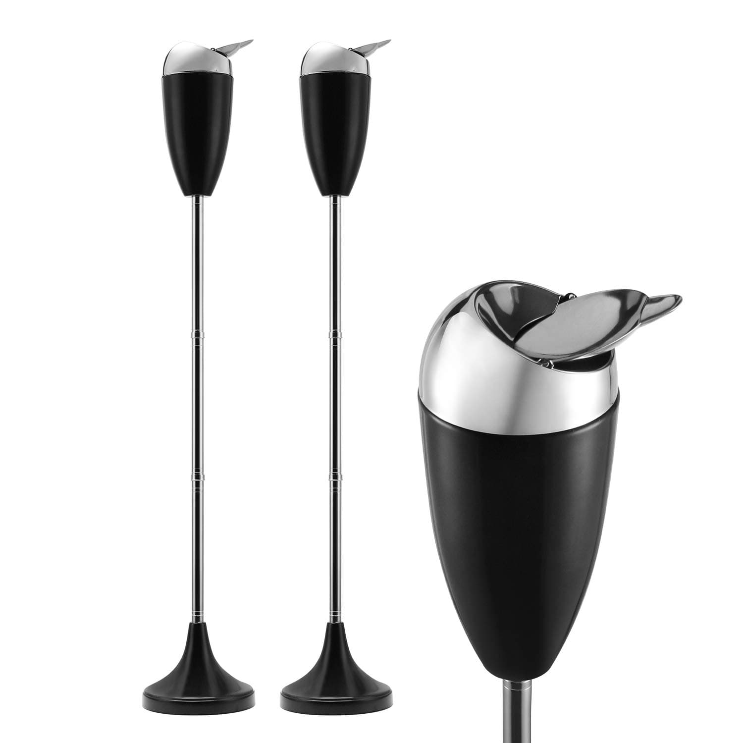 2 Pack Outdoor Standing Ashtray with Lid, Black Adjustable Stand Ash Butt Holder for Home Patio, Windproof Outside Standing Ash Tray Cigarette Butt Disposal in 20", 27.5", 35" Heights