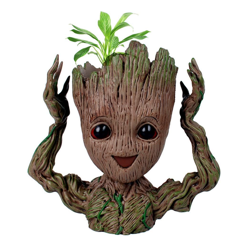 6" Cute Baby Groot Planter Pot, Smile Face Planters Head for Indoor Plant or Funny Pen Holder Flower Pot with Drainage Hole for a Tiny Succulents Plants Home Office Decor Gift Idea