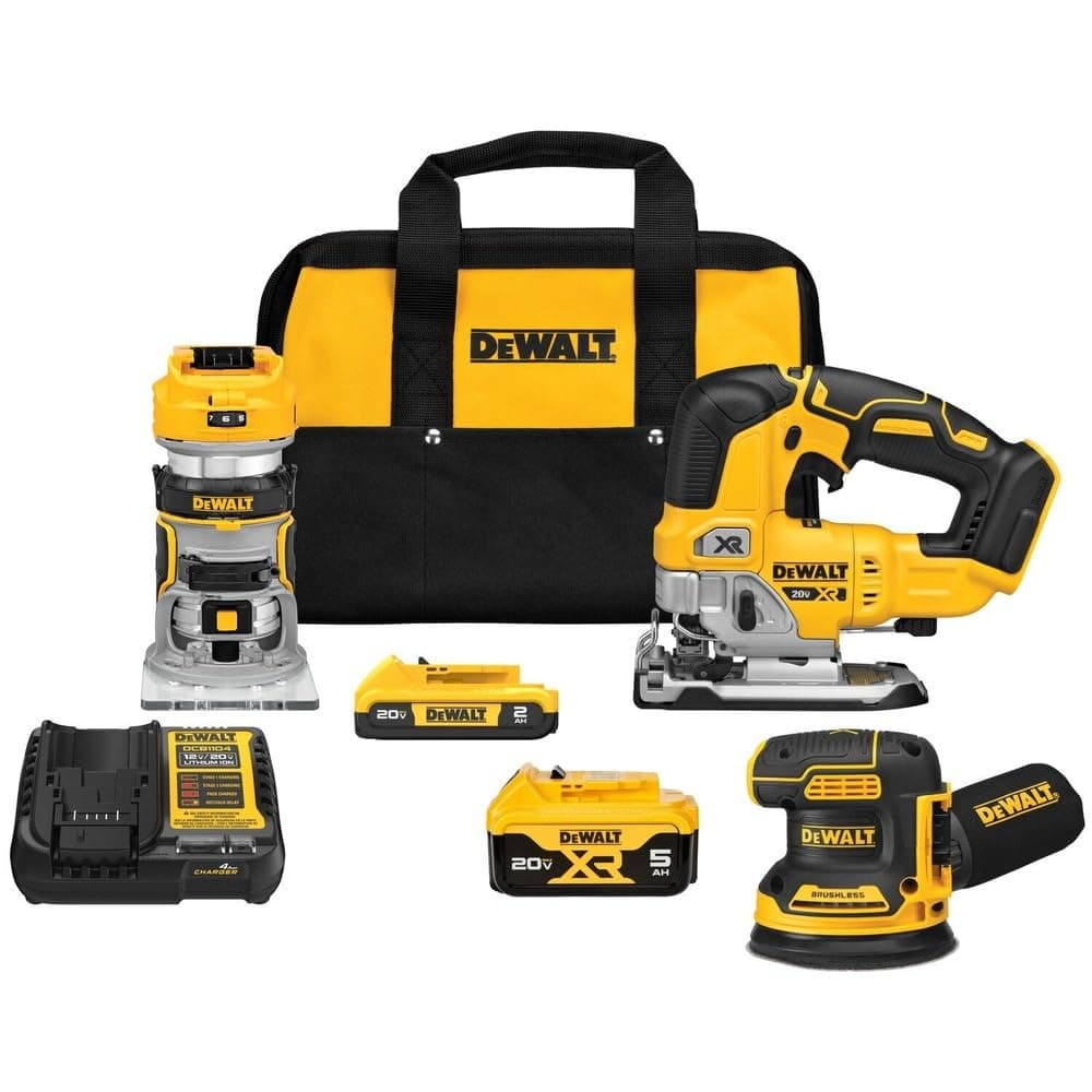DEWALT 20V MAX* 3-Tool Combo Kit, Brushless Cordless Router Tool, Random Orbital Sander, Jig Saw, Battery and Charger Included (DCK307D1P1)