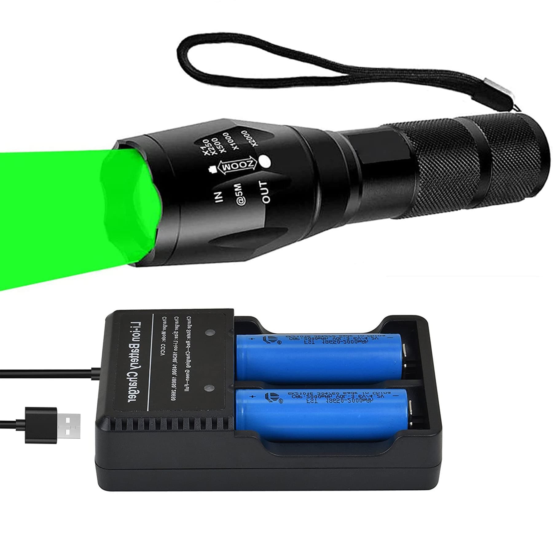 Green Hunting Flashlight, Green LED Flashlight Handheld Light Zoomable, Waterproof, Battery Powered, with 5 Modes, for Hunting, Night Vision, Camping, Fishing