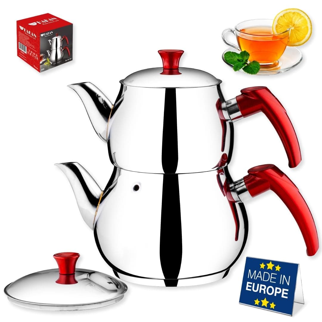 - Hakan Teapot Set with Self Strainer Double Lids, Stainless Steel Mini Double Bondy Tea Pot Set, Turkish Samovar Style, Tea Kettle for Loose Leaf Tea with Bakelite Handle | 0.84 + 1.26 Qt.