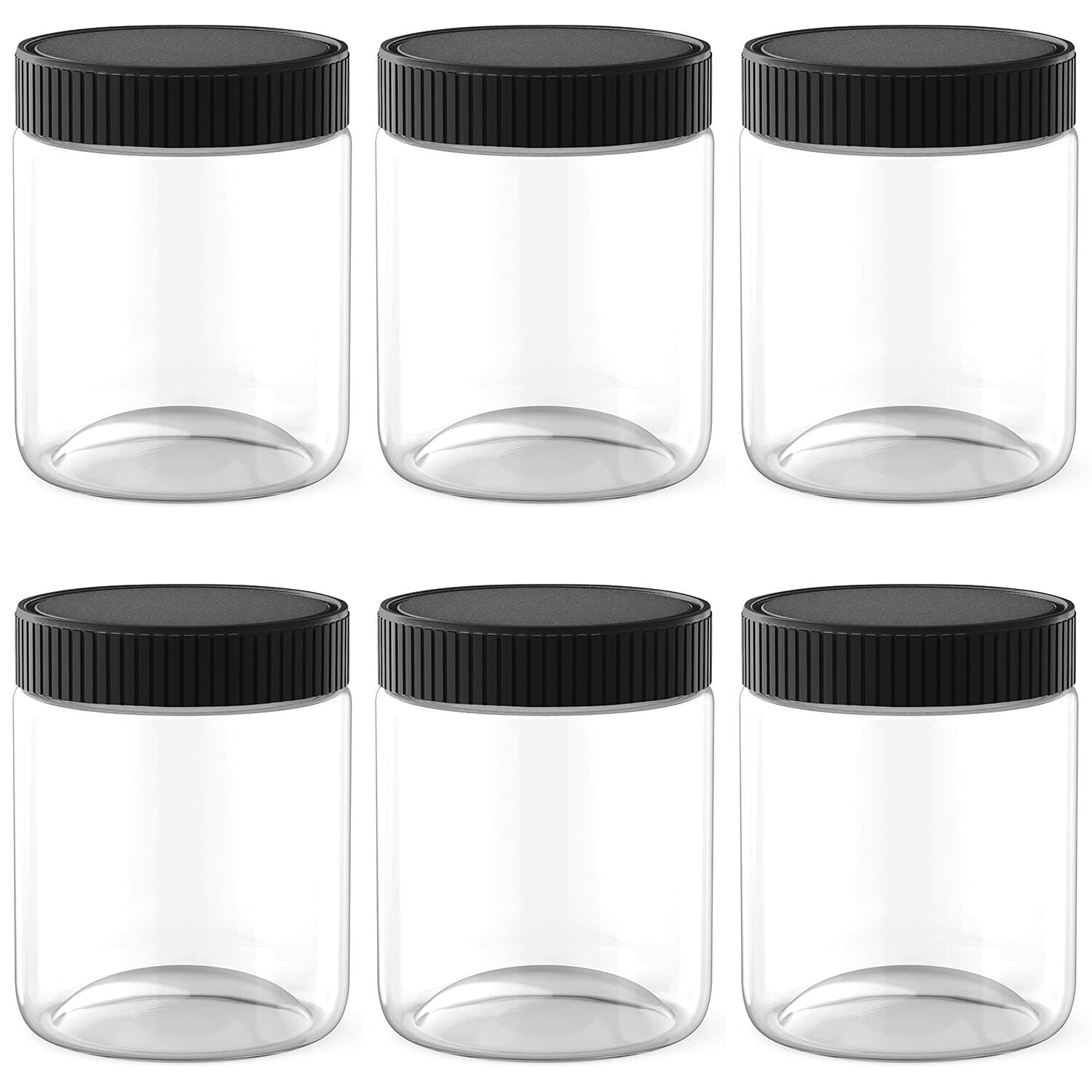 XINGLIAN 16 Oz Clear Plastic Jars with Black Lids Refillable Kitchen Storage Containers for Dry Food, Coffee, Nuts and More, 6 Pack