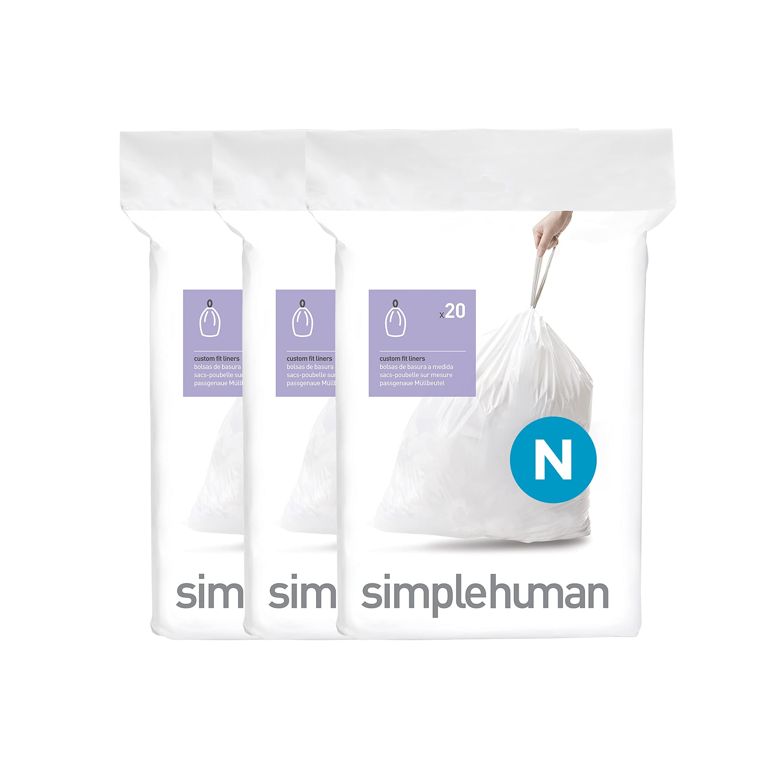 simplehuman Code N 60 Count, Dispenser Pack Custom Fit Liners, Drawstring Trash Bags, 45-50 Liter / 11.9-13.2 Gallon, White