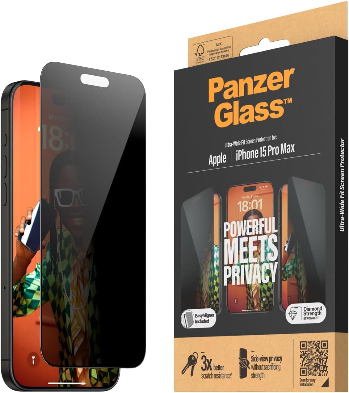 PanzerGlassPrivacy Screen Protector for iPhone 15 Pro Max - Ultra-Wide Fit and scratch-resistant tempered glass iPhone screen and privacy protector - with mounting aid for easy installation