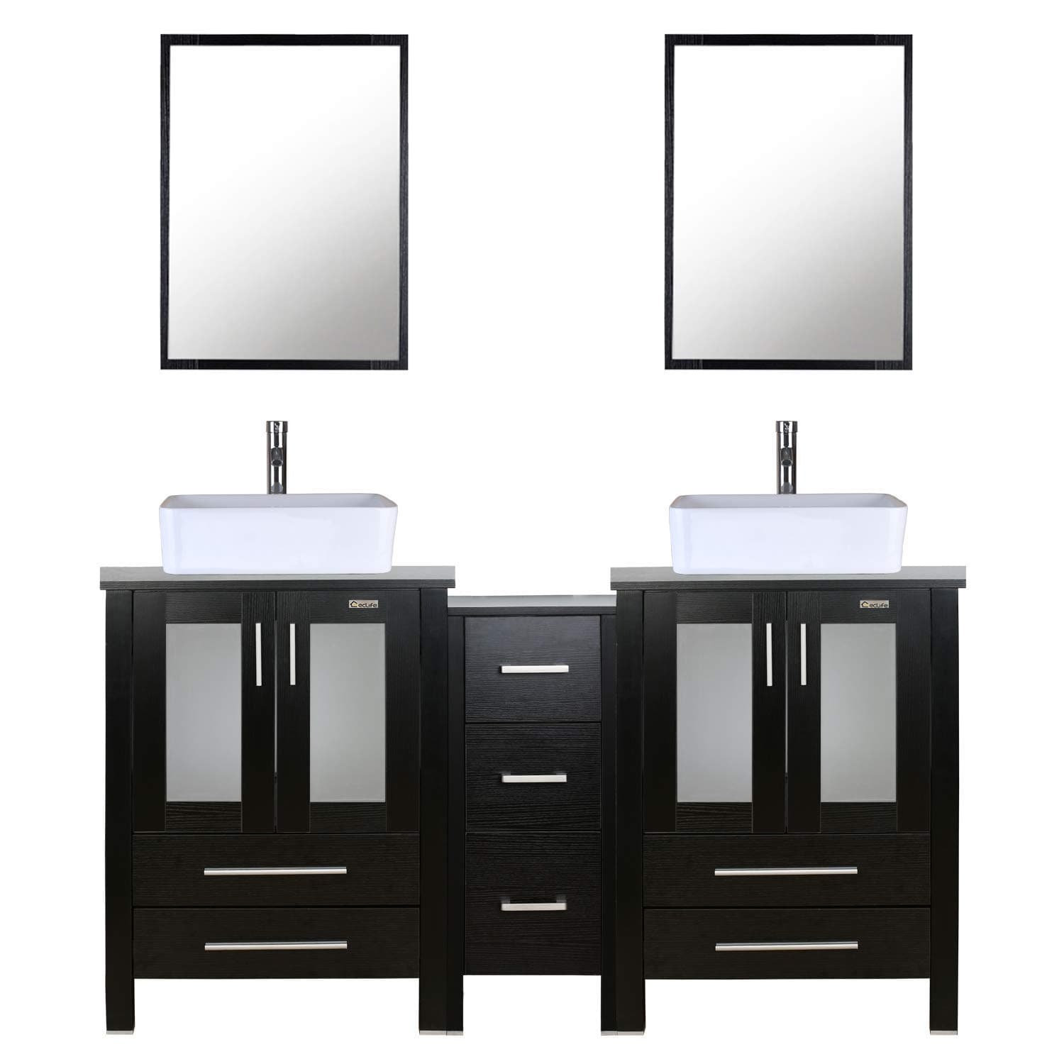 eclife 60" Bathroom Vanity Sink Combo Black W/Side Cabinet Set Rectangle White Ceramic Vessel Sink & Chrome Water Save Faucet & Solid Brass Pop Up Drain, W/Mirrors (T03 2B02)