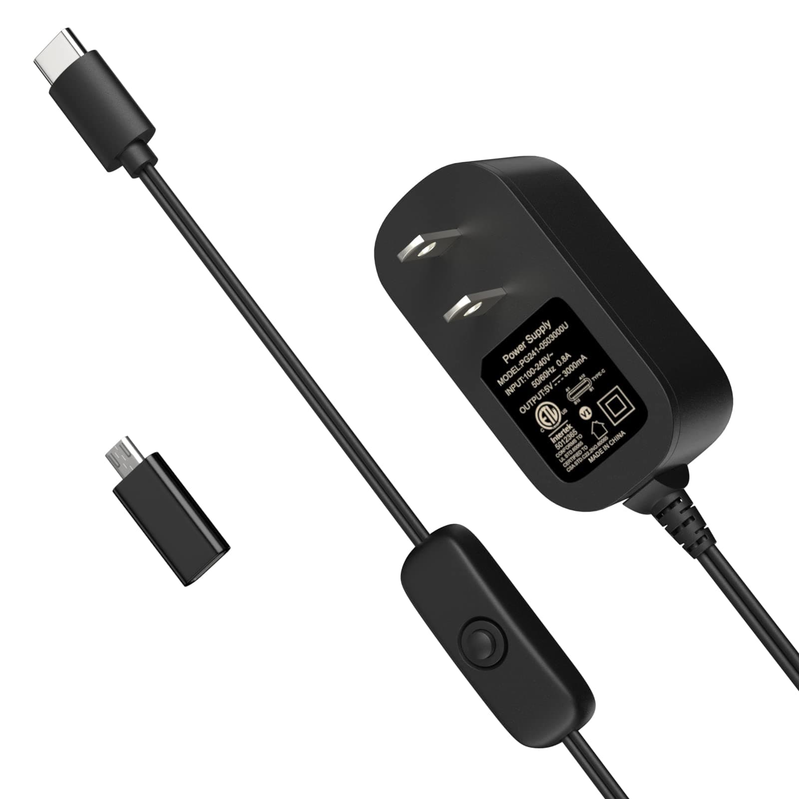 Miuzei Power Supply for Raspberry Pi 4, 5V 3A Power Supply with ON/Off Switch Compatible with Raspberry Pi 4 Model B, USB-C Charger Power Adapter, with Type-C & Micro USB Adapter for Pi 3