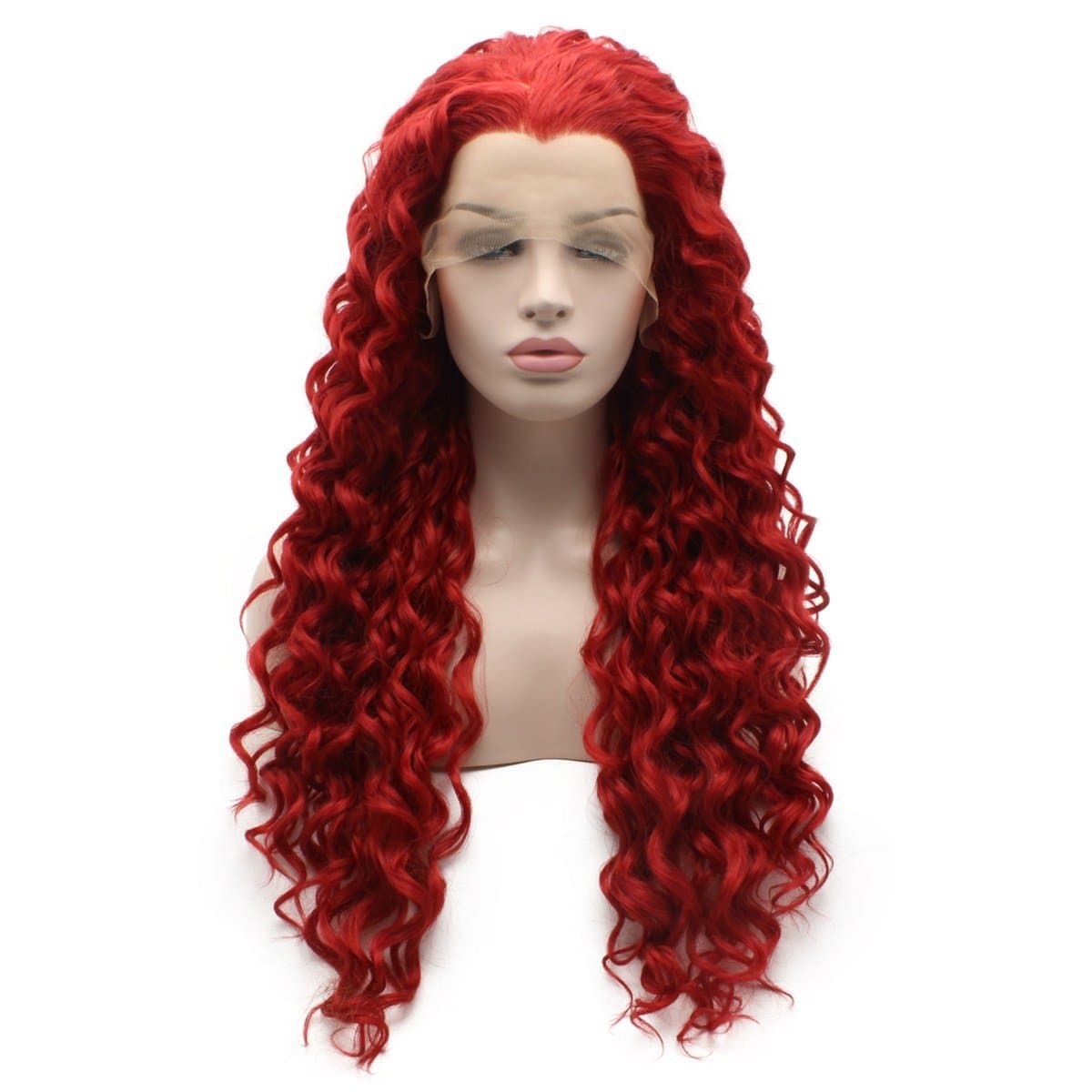Iewig Long Curly Red Synthetic Lace Front Wig Half Hand Tied Heat Friendly Wig