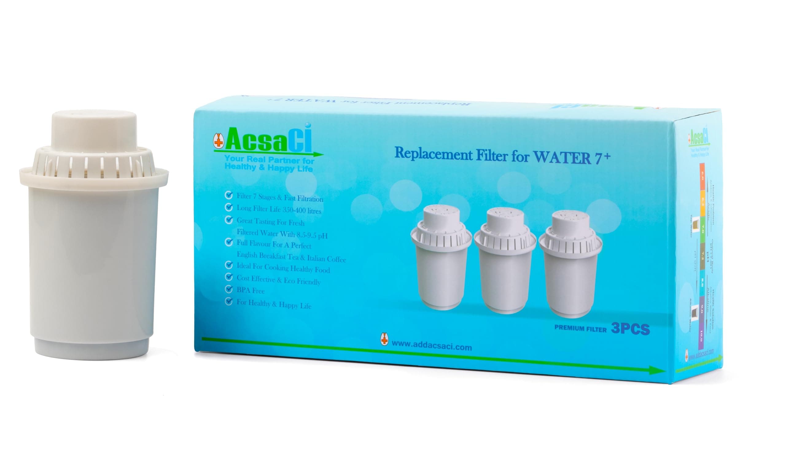 Replacement Water Filter for Water 7+ Jug, Compatible with Klar Jug, Removes Heavy Metals, Fluoride & Chlorine + Makes Alkaline Water 3PCS in one Box Stock Liquidation!