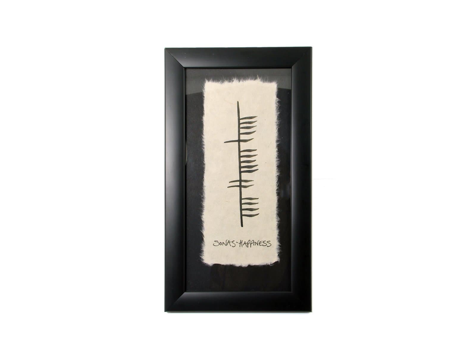 SONAS is Gaelic for Happiness, Hand Scripted Irish Ogham Wall Décor, 6”x 11”, Black Wood Matted Glass Frame, Elegant Bespoke Feathered Handmade Paper, Irish Housewarming Gift, Imported from Ireland | Handmade in Ireland | Crafted on Handmade Paper | Written in Ogham Script