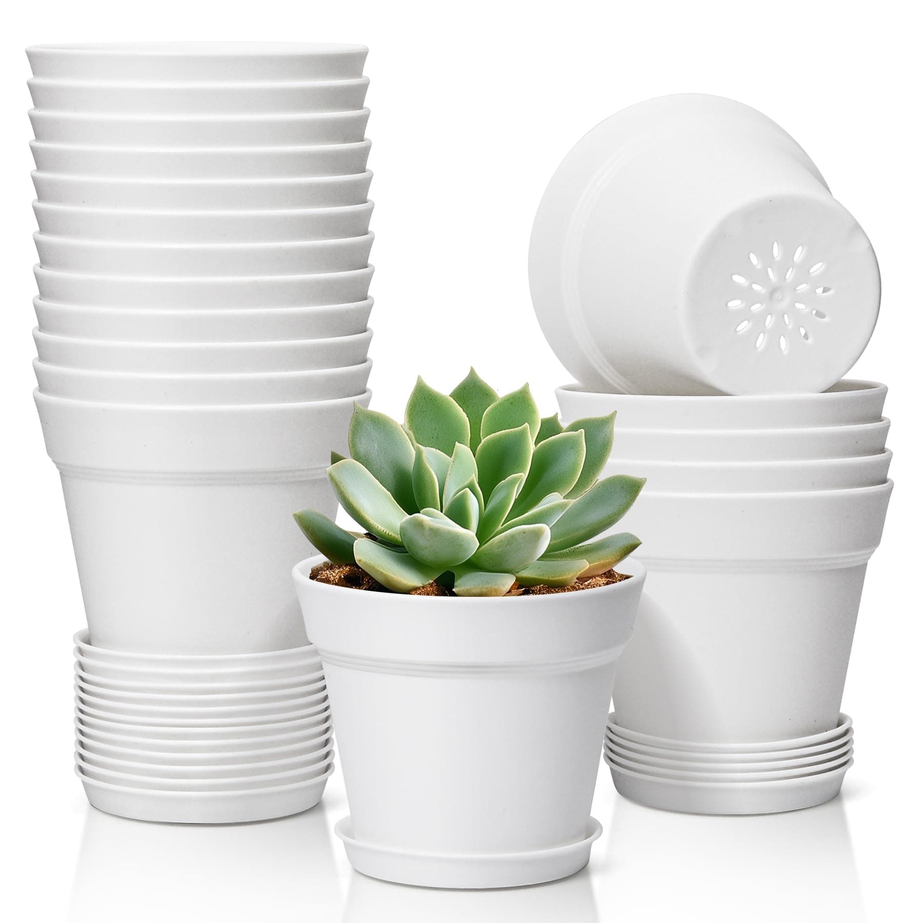 T4U 4 Inch Plant Pots 18-Pack, Small Flower Pots with Saucer and Drainage Hole, Durable Plastic Pots, Nursery Small Flower Pot Bulk for Plants, Succulent, Violet, Decorative (18 Pack 4" Pot, White)
