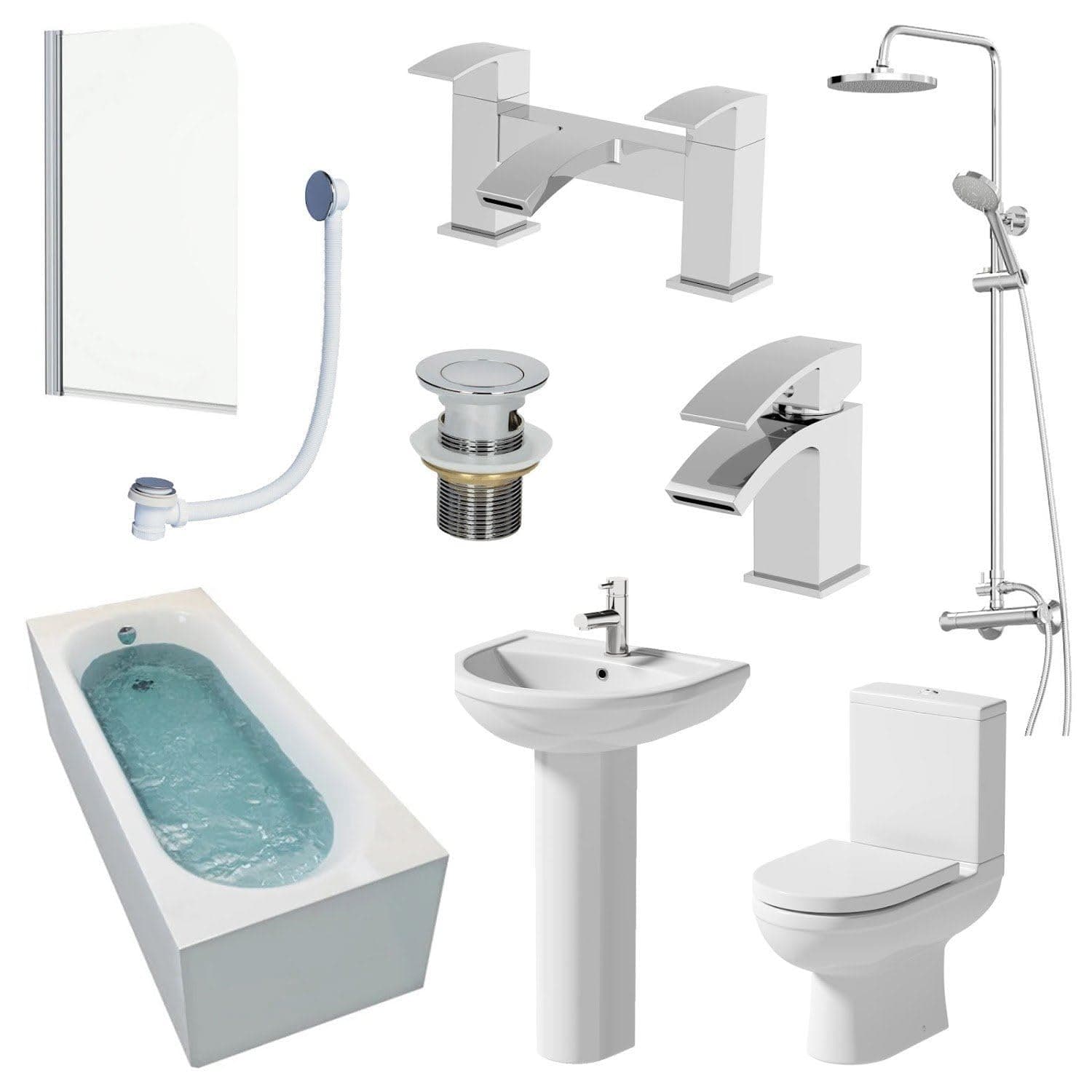 BAYSTONE Complete Bathroom Suite Set with 1700mm Single Ended Bath, Close Coupled Toilet, Ceramic Pedestal Basin, Thermostatic Shower, Bathroom Sink Taps, Bath Shower Screen + Wastes