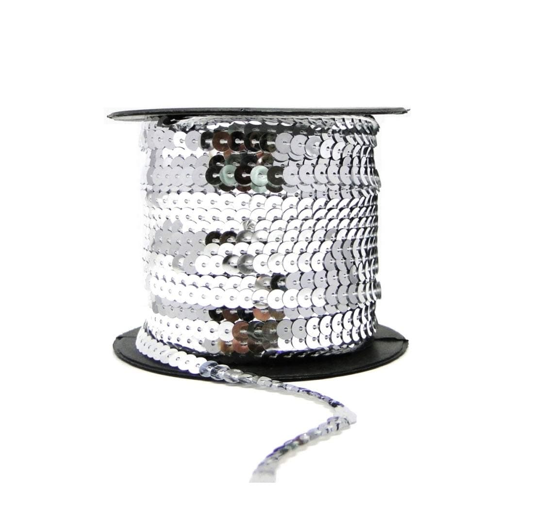 Sequin Trim Sequins Ribbon 6mm Strung Metallic Shiny Flat Sequins Paillette Spangle Sequin String for Embellishment Sewing Arts Crafts Fancy Dress Decoration (Silver - 1 Meter)