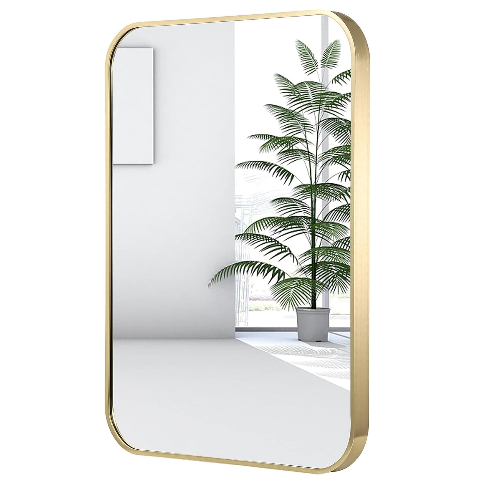 22x30 Inch Gold Bathroom Mirror, Brushed Gold Metal Framed Rectangular Mirror with Rounded Corner, Bathroom Vanity Mirror for Bedroom or Living Room, Horizontal/Vertical