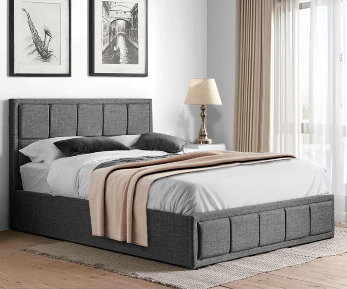 Upholstered Ottoman Bed 4ft6 Double Bed Frame, UKFR Linen Fabric Ottoman Storage Bed with Gas Lift End Opening Wooden Slats Dark Grey