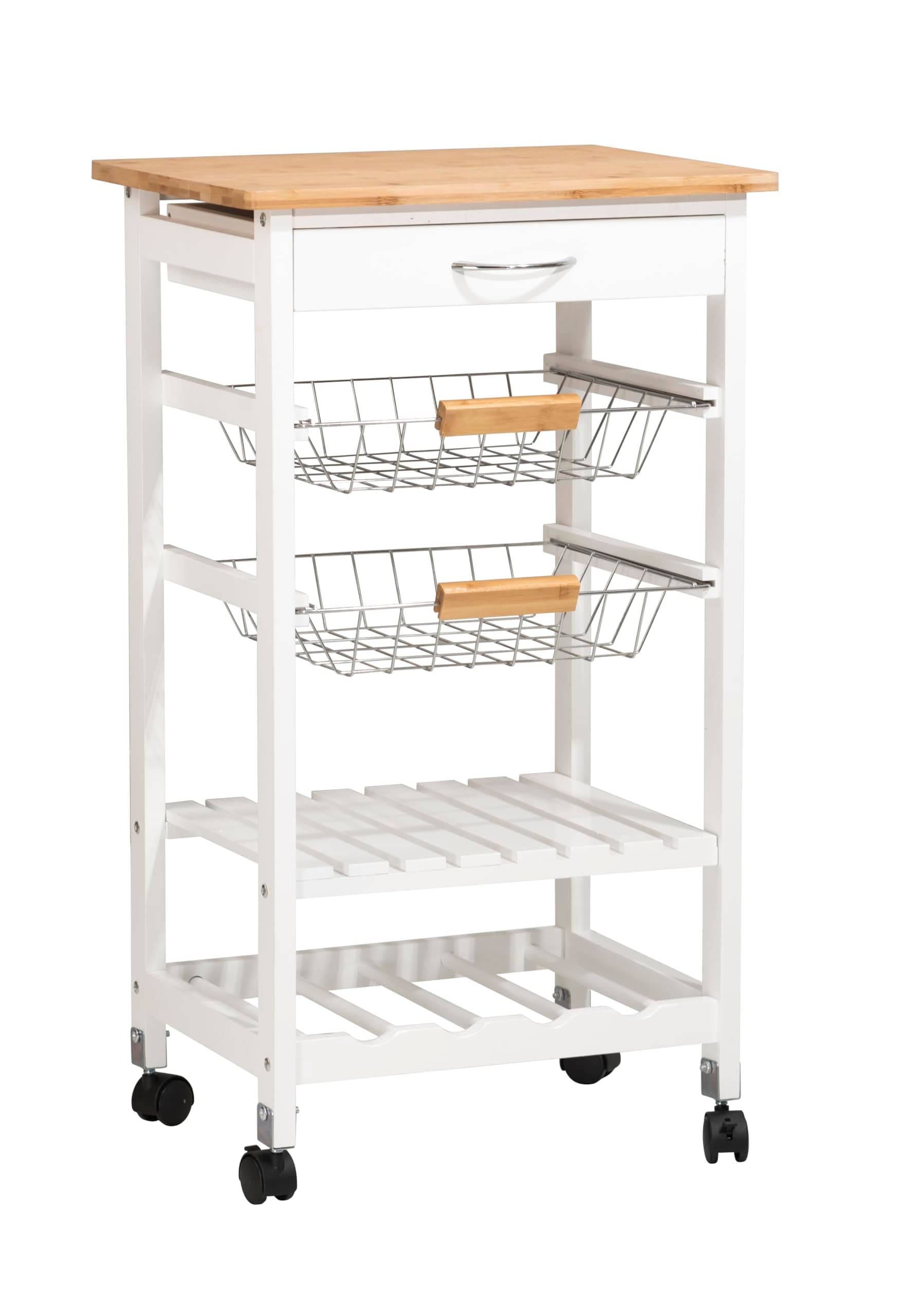 spot on dealz® 5 Tier Kitchen Trolley Mobile Rolling Kitchen Island For Home 1 Drawer, Metal Baskets, Storage Shelf, Wine Rack, Fruit & Veg Storage Bamboo Top Oak Colour With White MDF Frame