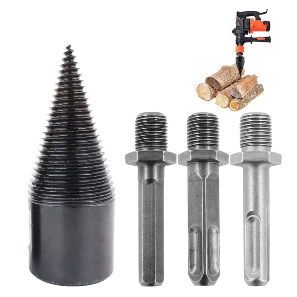 BeisDirectFirewood Log Splitter Drill Bit, Wood Splitter Drill Bit Set High-Carbon Steel Wood Splitting Drill Bit Splitting Tool - 32mm/1.26inch Splitting Cone with 3Pcs Drill Handle, Black