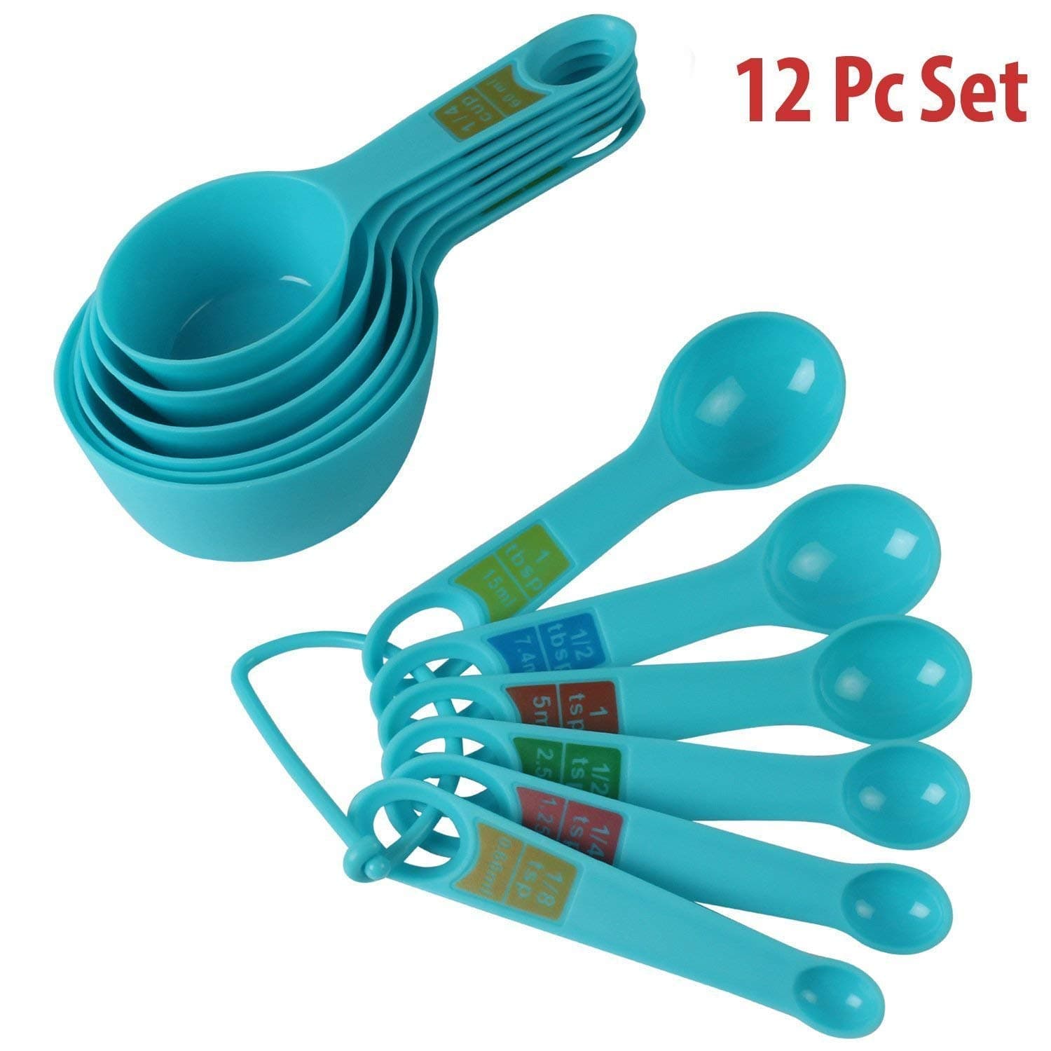 Avisa Global Plastic Measuring Cups and Spoon Set with Ring Holder, 12 Piece Set (Blue)