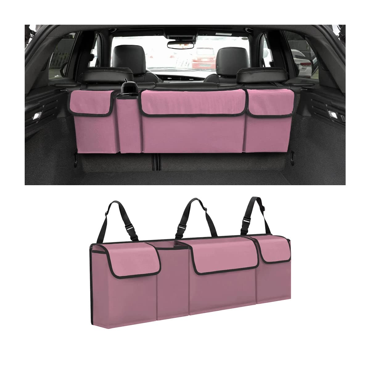 Car Trunk Organizer, Backseat Hanging Large Storage with Adjustable Straps, Waterproof Collapsible Cargo Bag with 4 Pockets, Sturdy Space Saver Frees Trunk Floor for SUV, Truck, MPV
