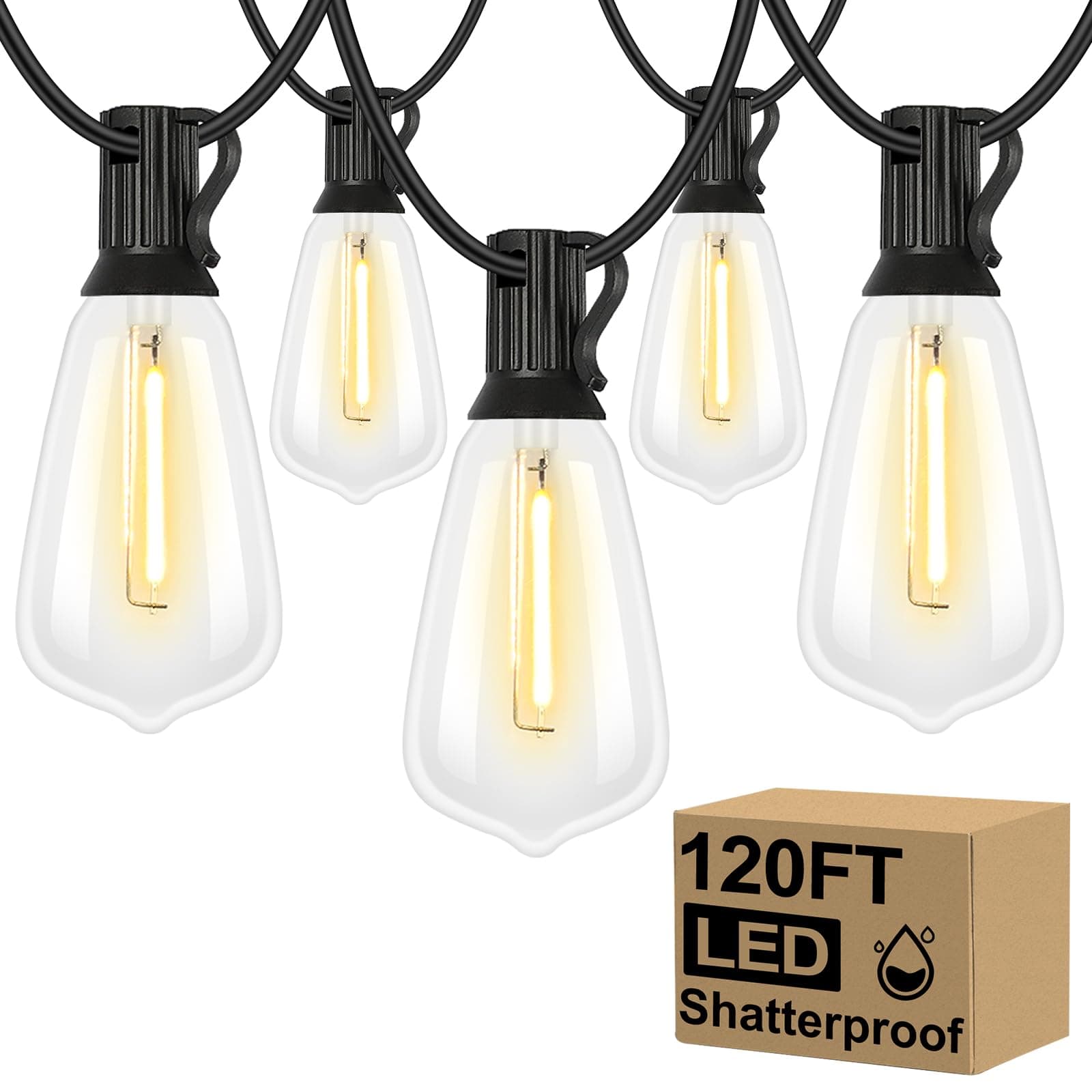 Brightever 120FT Outdoor String Lights Waterproof, 2700K Bright LED Patio Lights with 62 ST38 Shatterproof Vintage Bulbs, Retro Connectable Edison String Lights for Outside, Garden, Balcony, Porch
