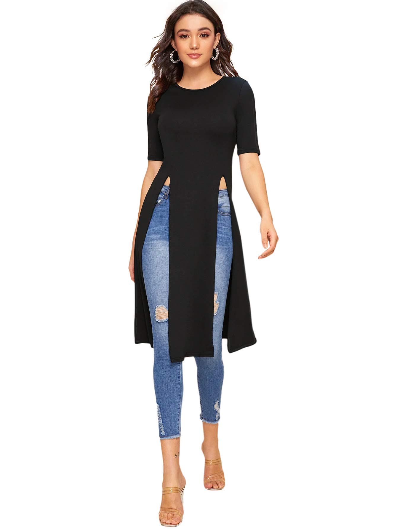 Romwe Women's Cute Split Front Longline Round Neck Short Sleeve Flowy Tunic Tops Shirts Black 3 L