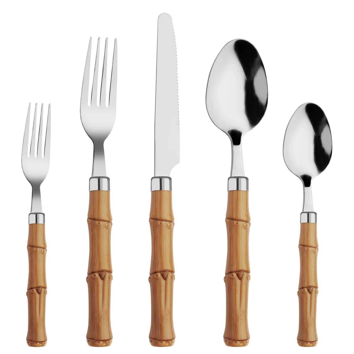 Bamboo Flatware Set 20 Piece, Hoften Plastic Handle Silverware Set for 4, Stainless Steel Cutlery Include Fork Spoon and Knife, Utensils for Daily Used and Party.