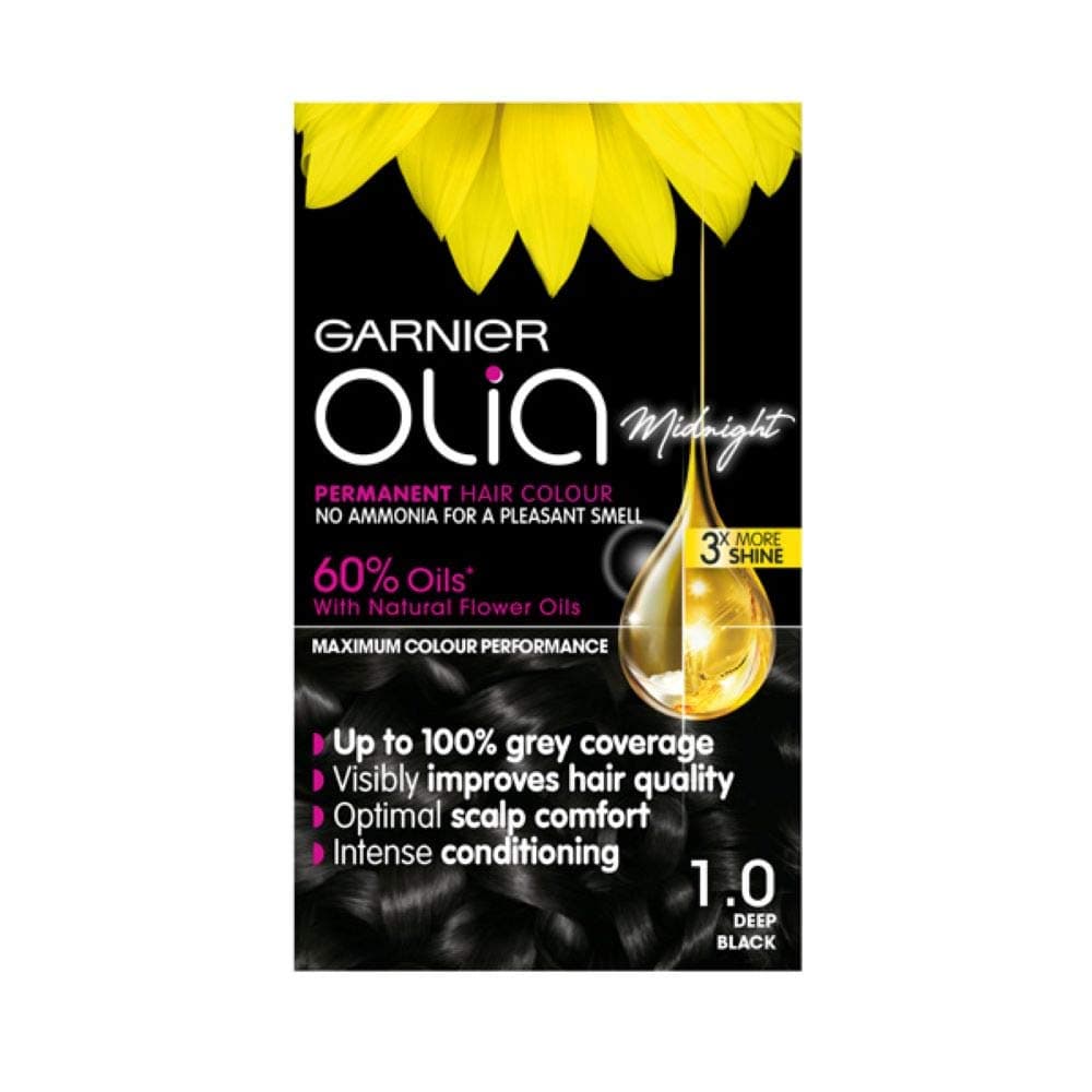Garnier Olia 1.0 Night Black, oil-powered, no-ammonia. 100% grey coverage. Luminous, long-lasting, vibrant night black hair color with incredible shine and healthy feel.